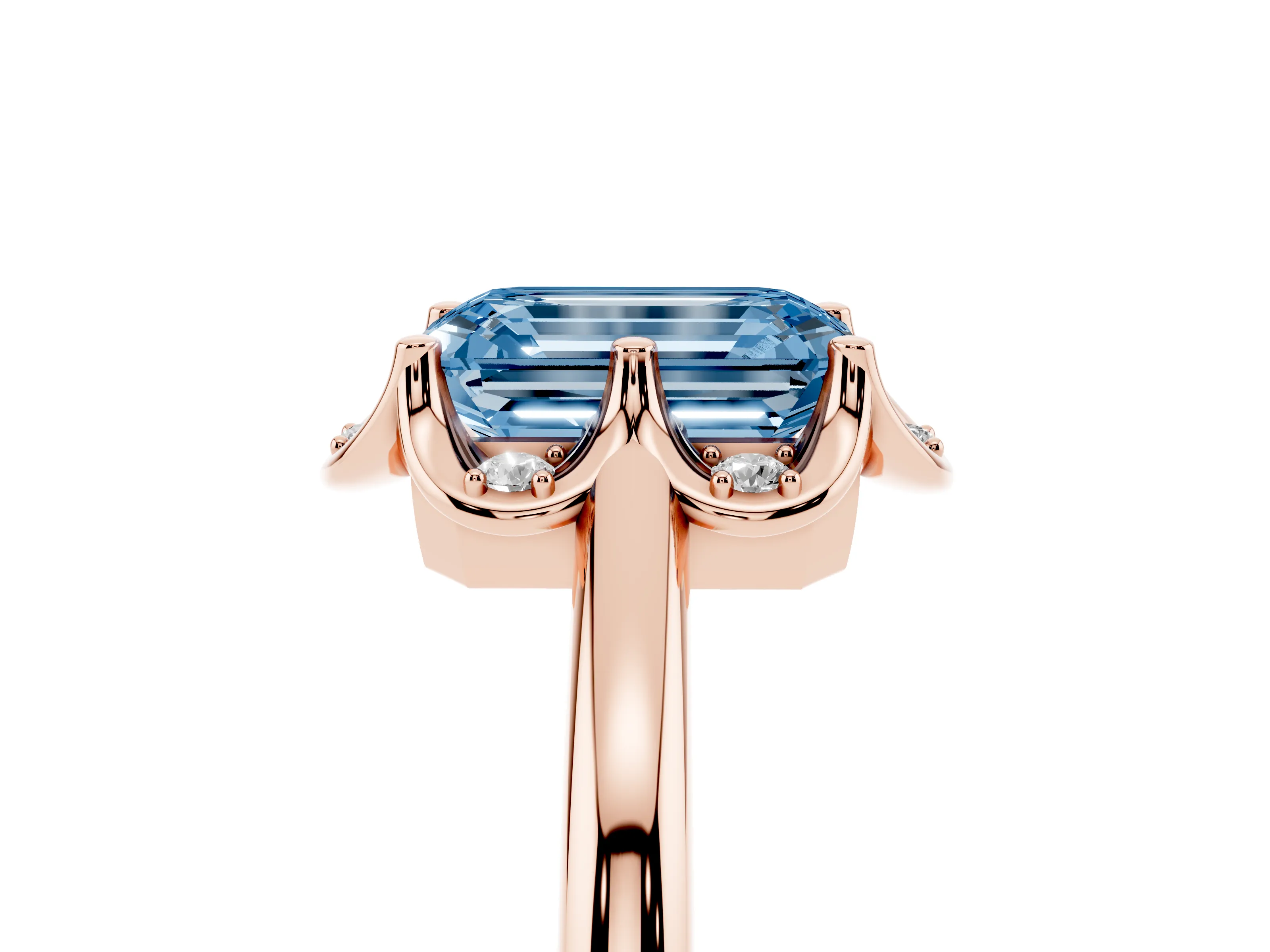 Fancy Blue Emerald Cut Diamond Round Cluster Halo Ring Set in Rose gold with Solitaire Band and Prong Setting