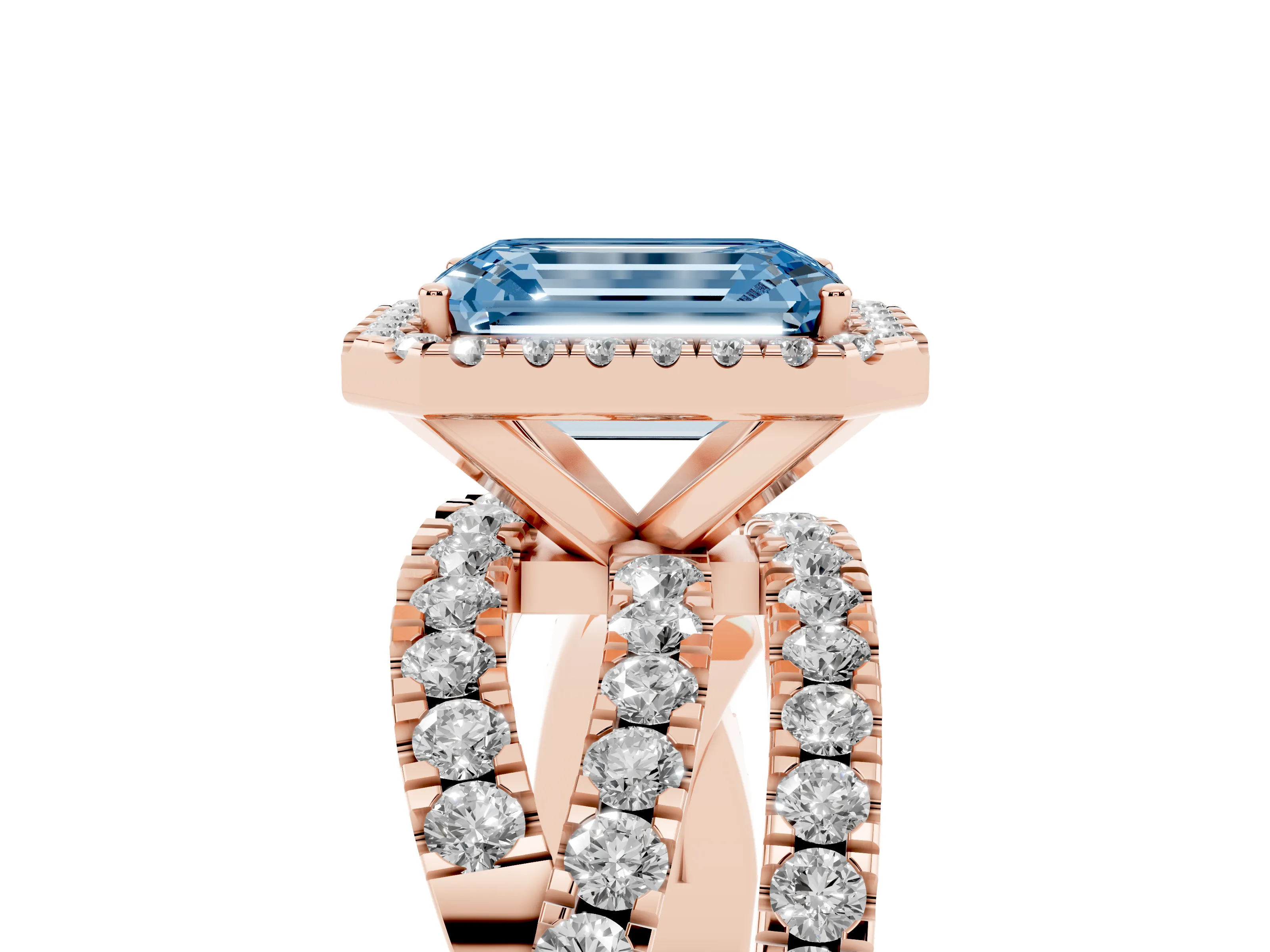 Fancy Blue Emerald Cut Diamond Halo Ring Set in Rose gold with Round Crossover Split Shank and Prong Setting