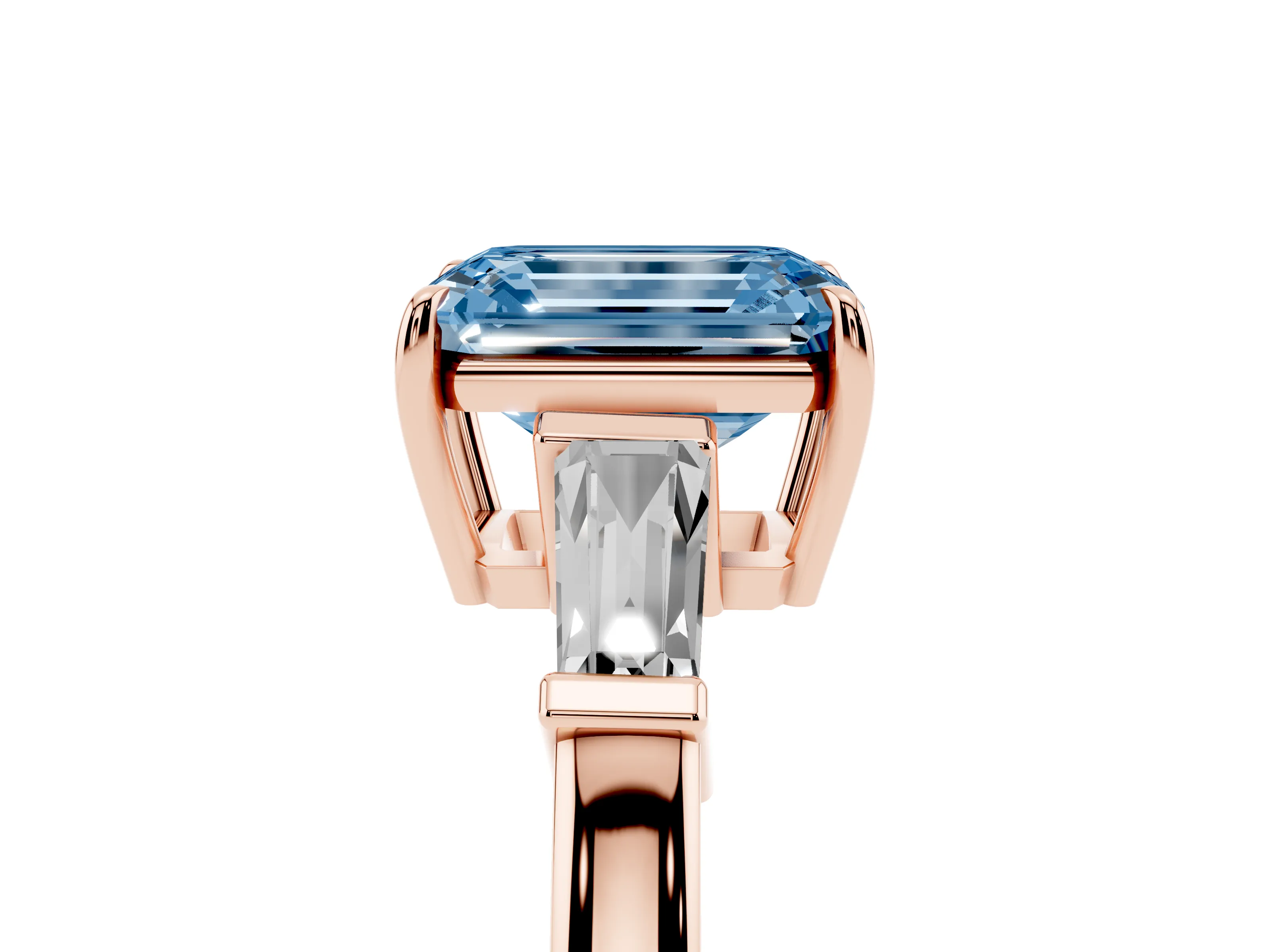 Fancy Blue Emerald Cut Diamond Three-Stone Ring Set in Rose gold with Tapered Baguette Side Stones and Prong Setting