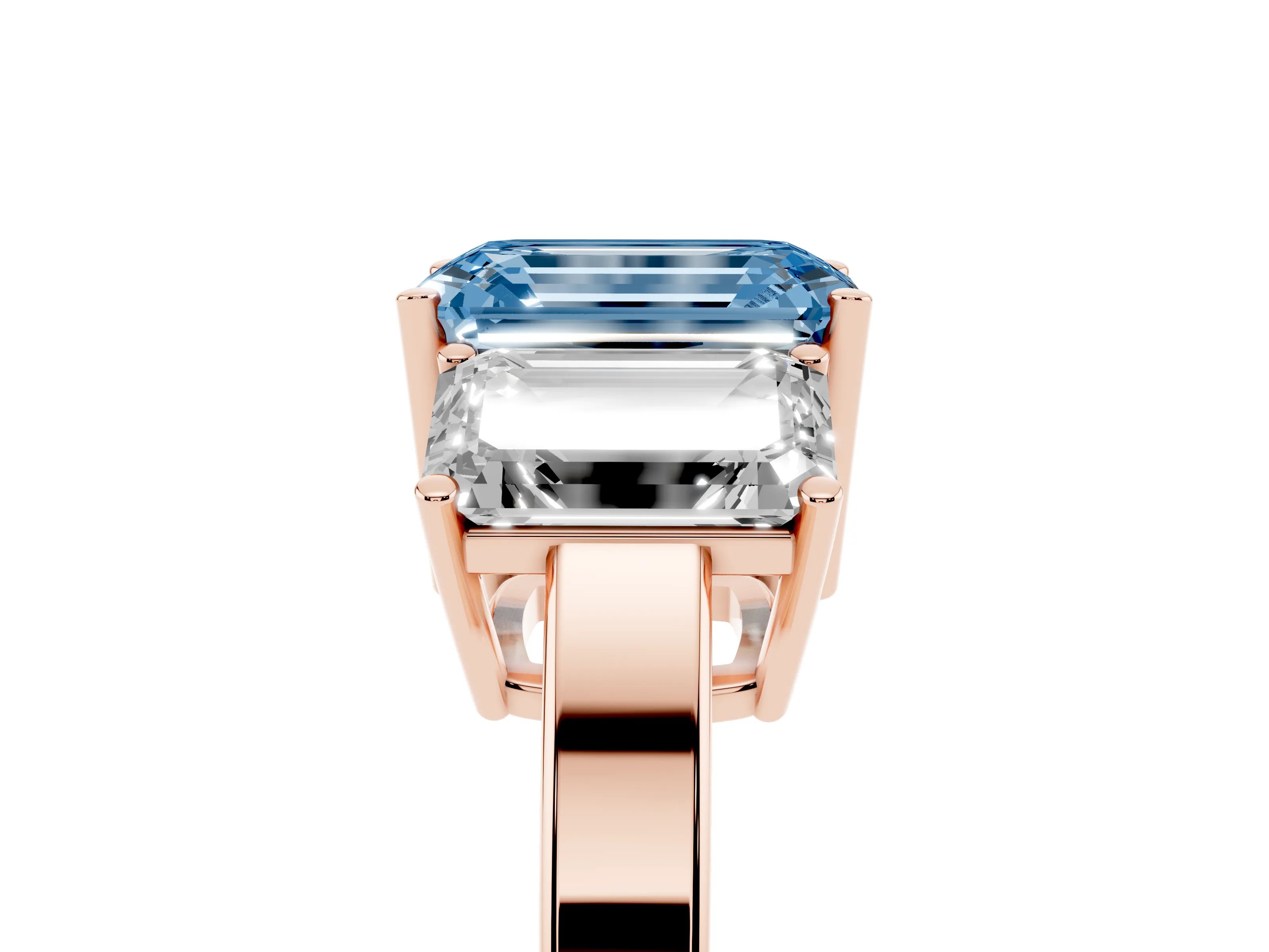 Fancy Blue Emerald Cut Diamond Three-Stone Engagement Ring Set in Rose gold with Flat Band