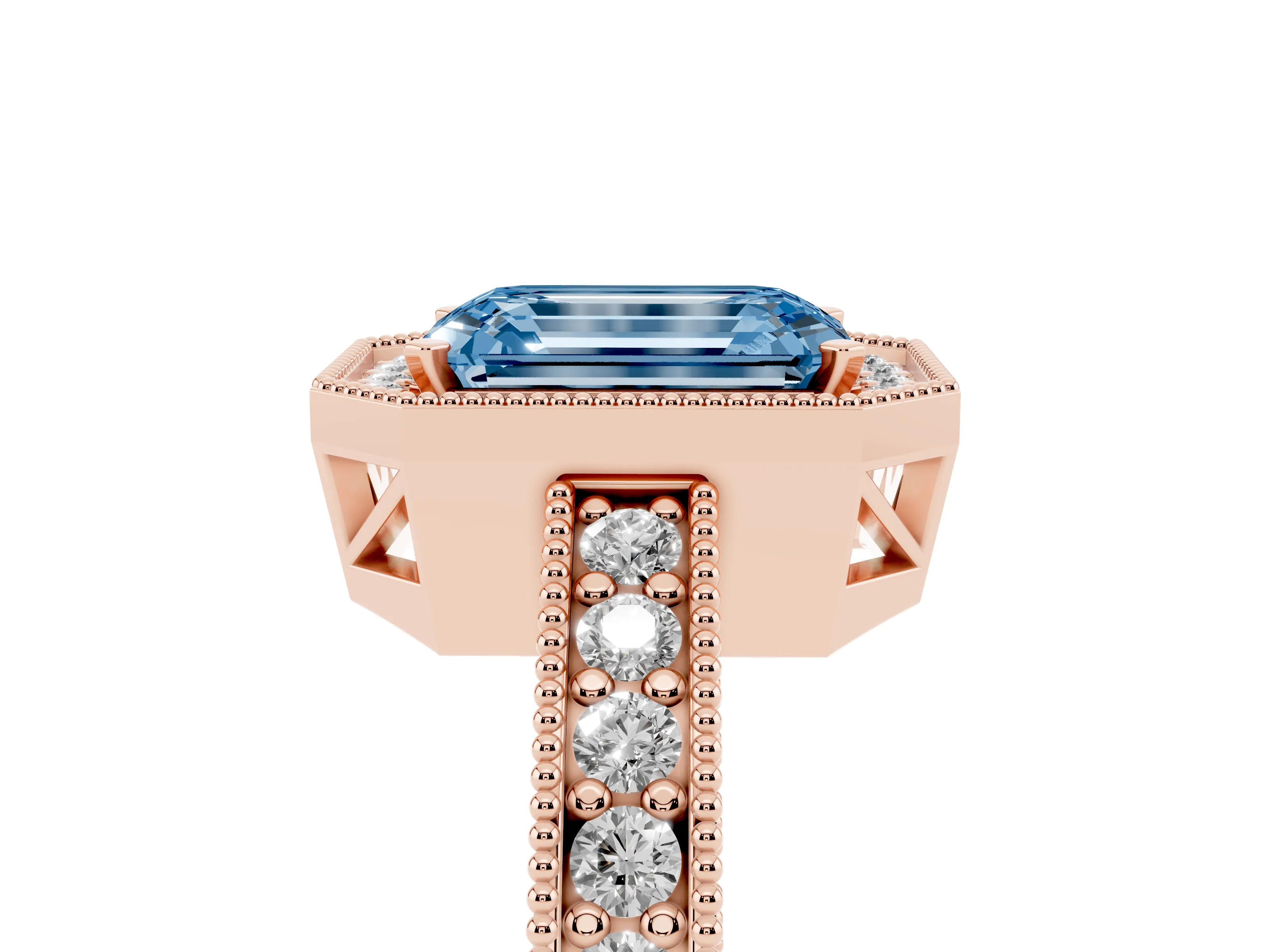 Fancy Blue Emerald Cut Diamond Halo Pavé Band Ring Set in Rose gold with Prong-Set Center