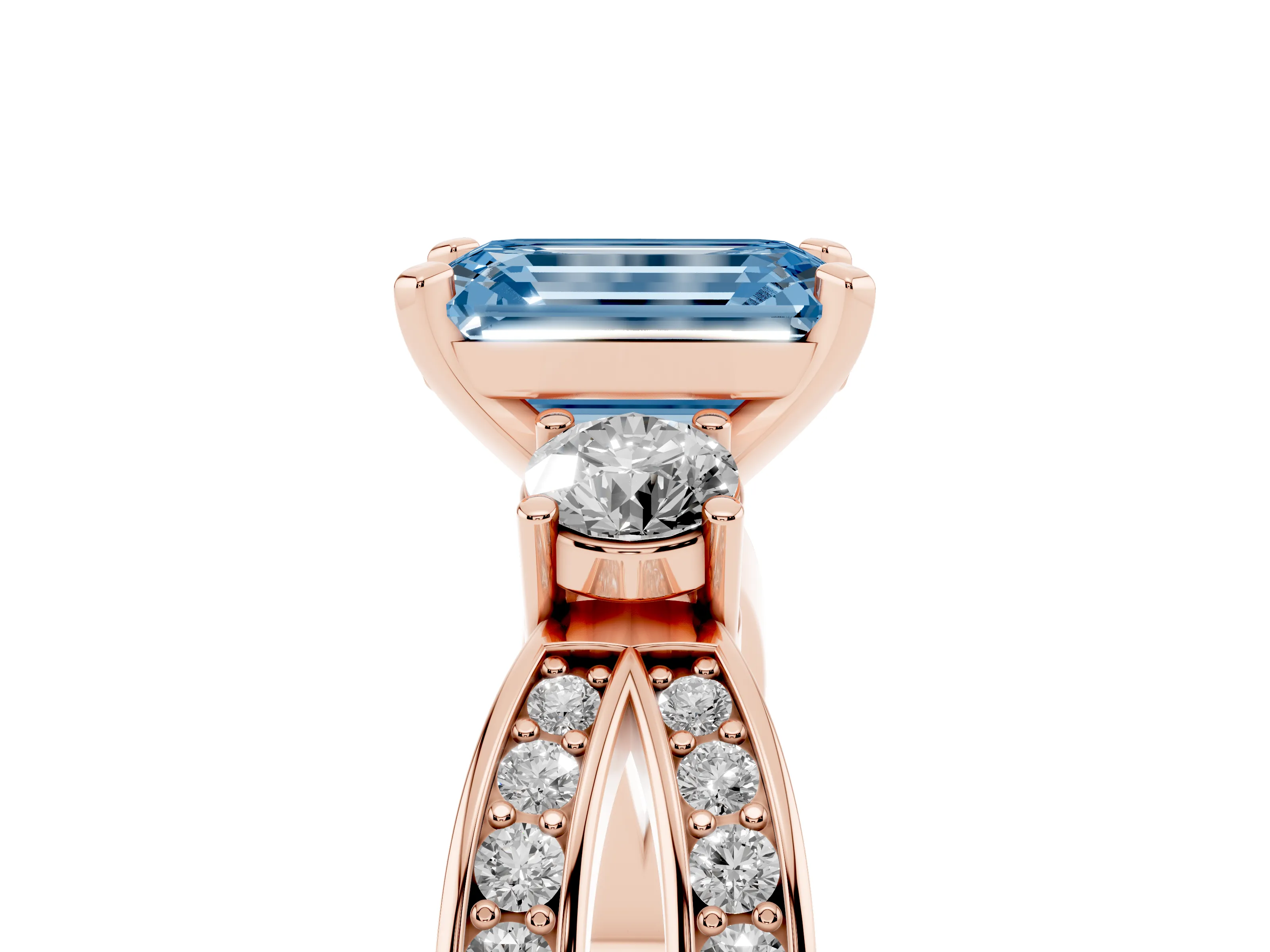 Fancy Blue Three-Stone Emerald Cut Diamond Twist Band Ring Set in Rose gold with Pavé Accents and Prong Setting