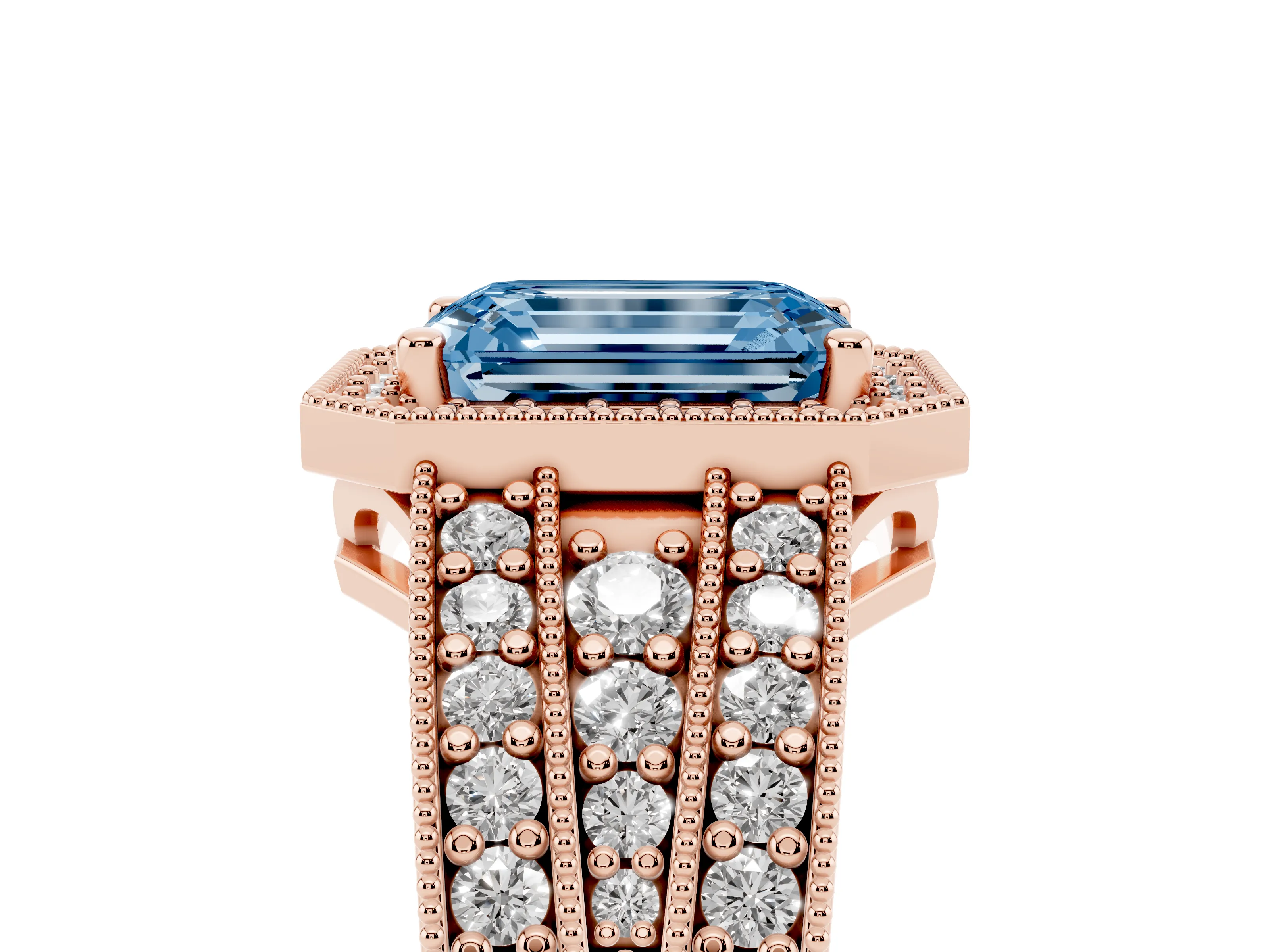 Fancy Blue Emerald Cut Diamond Halo Ring Set in Rose gold with Accent Split Shank and Prong Setting