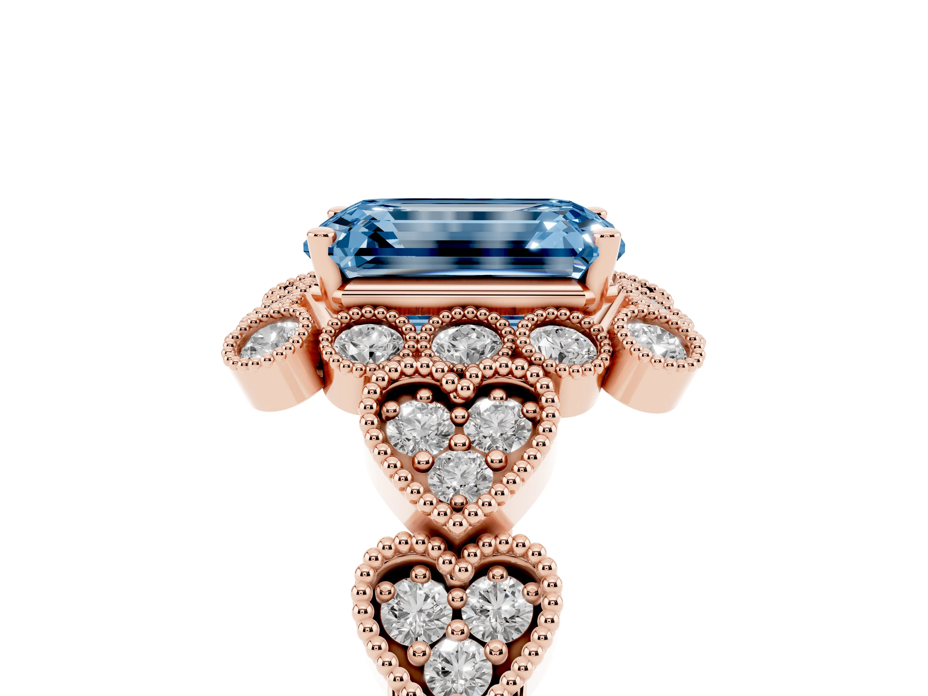 Fancy Blue Emerald Cut Diamond Solitaire Ring Set in Rose gold with Milgrain Pavé Heart Band