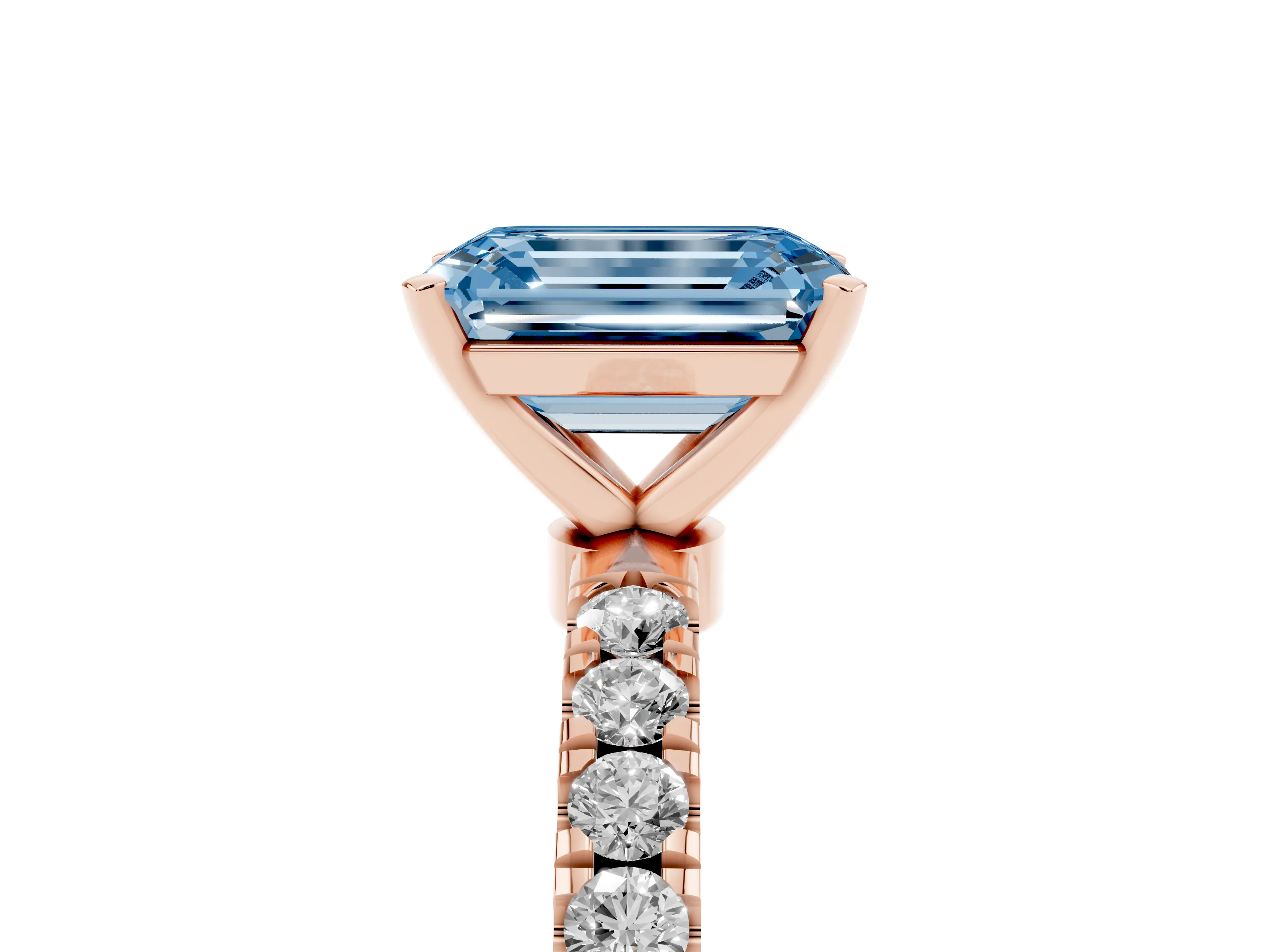 Fancy Blue Emerald Cut Diamond Solitaire Ring Set in Rose gold with Pavé Accents and Prong Setting