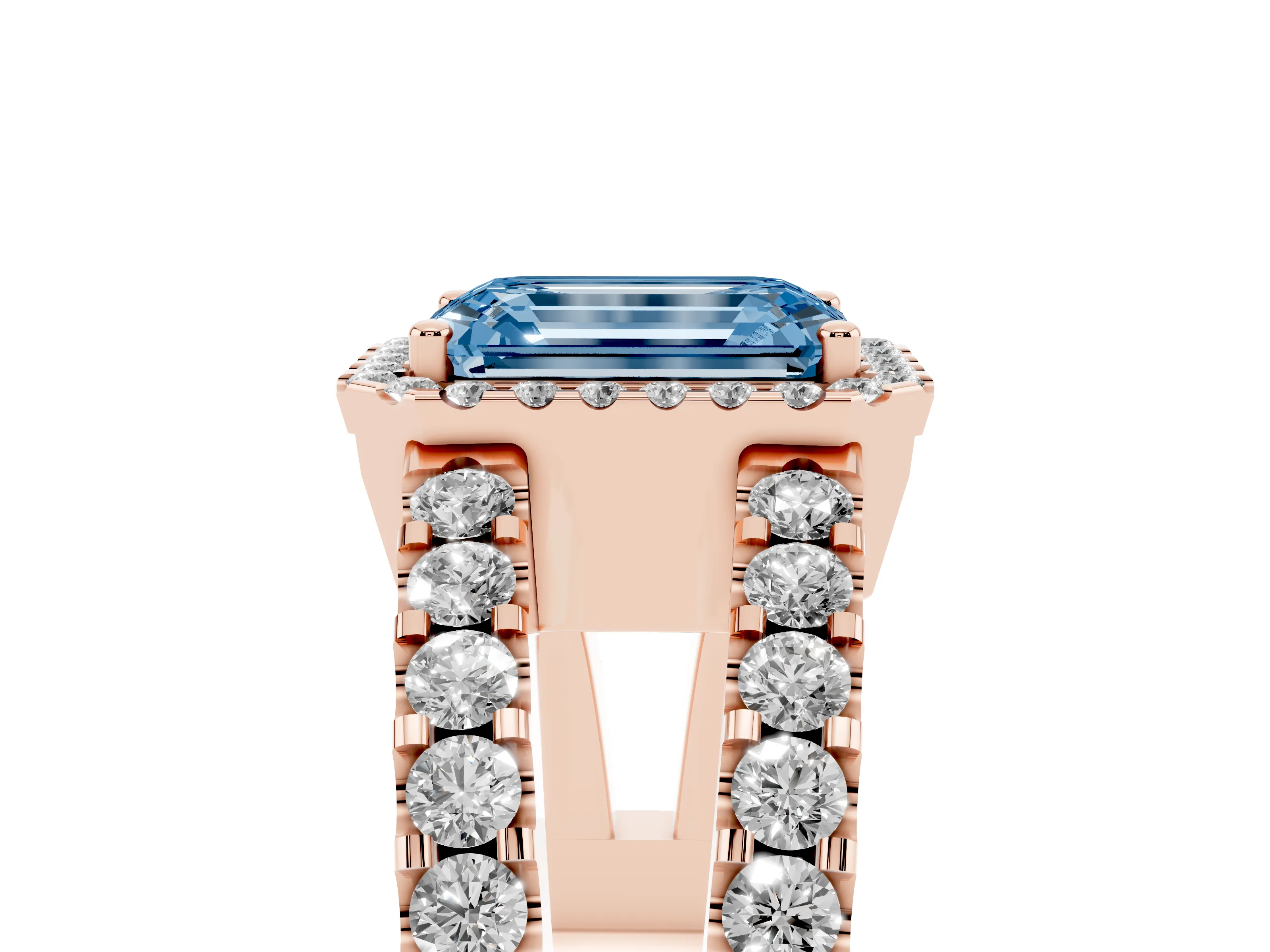 Fancy Blue Emerald Cut Diamond Halo Ring Set in Rose gold with Pavé Split Shank and Prong Setting