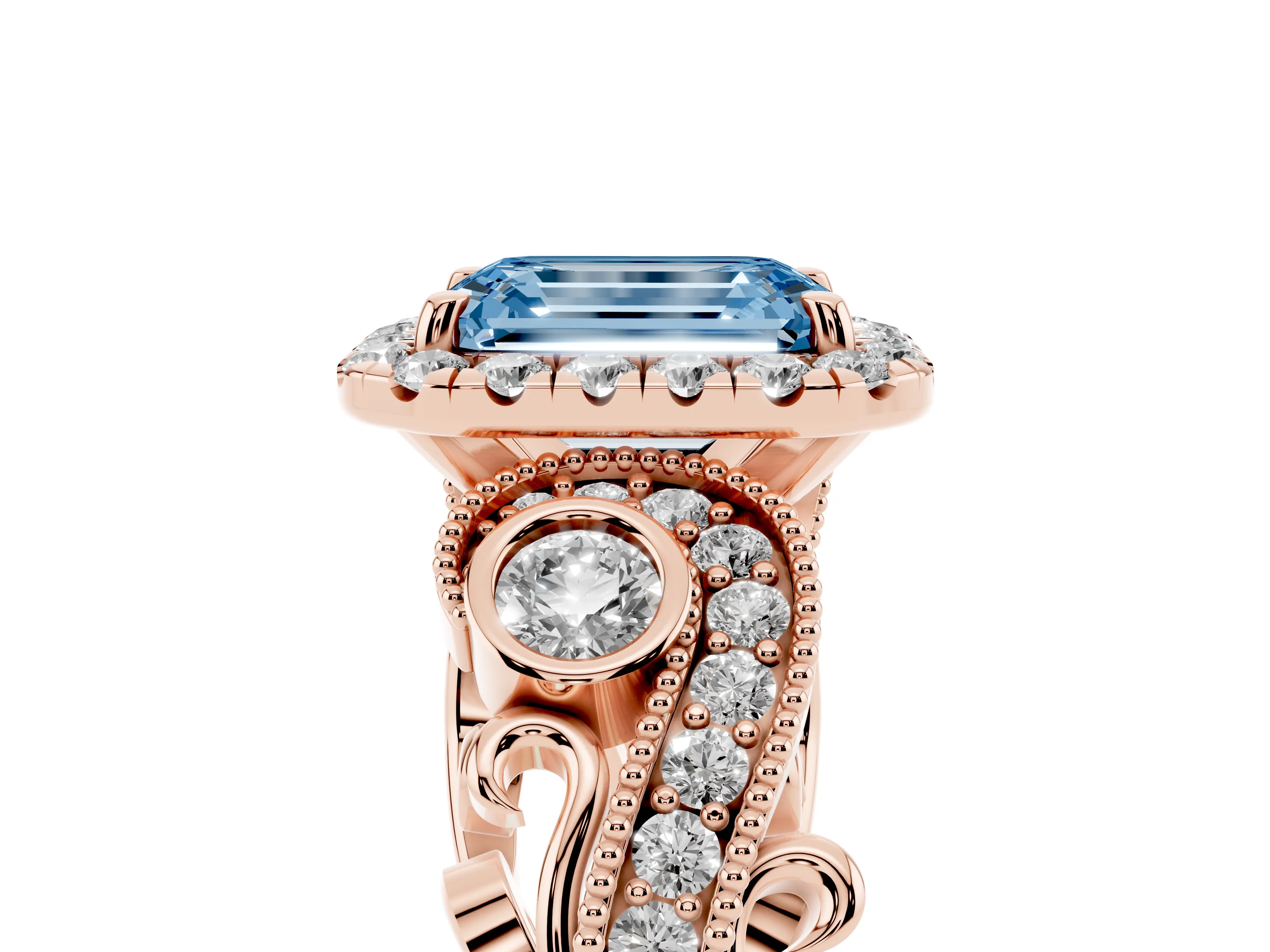 Fancy Blue Emerald Cut Diamond Halo Ring Set in Rose gold with Milgrain Pavé Band and Prong Setting