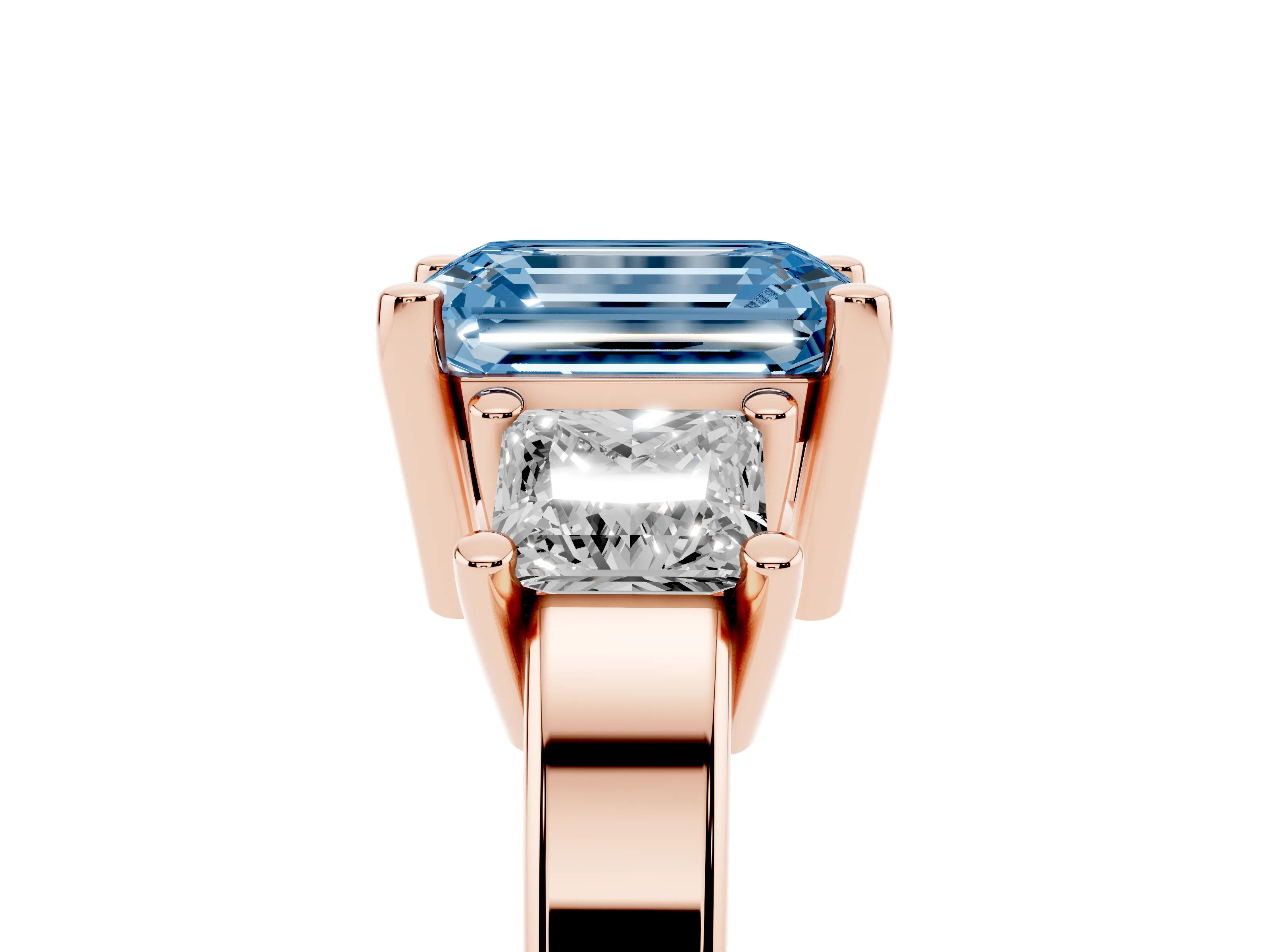 Fancy Blue Three-Stone Emerald Cut Diamond Solitaire Ring Set in Rose gold with Prong Setting