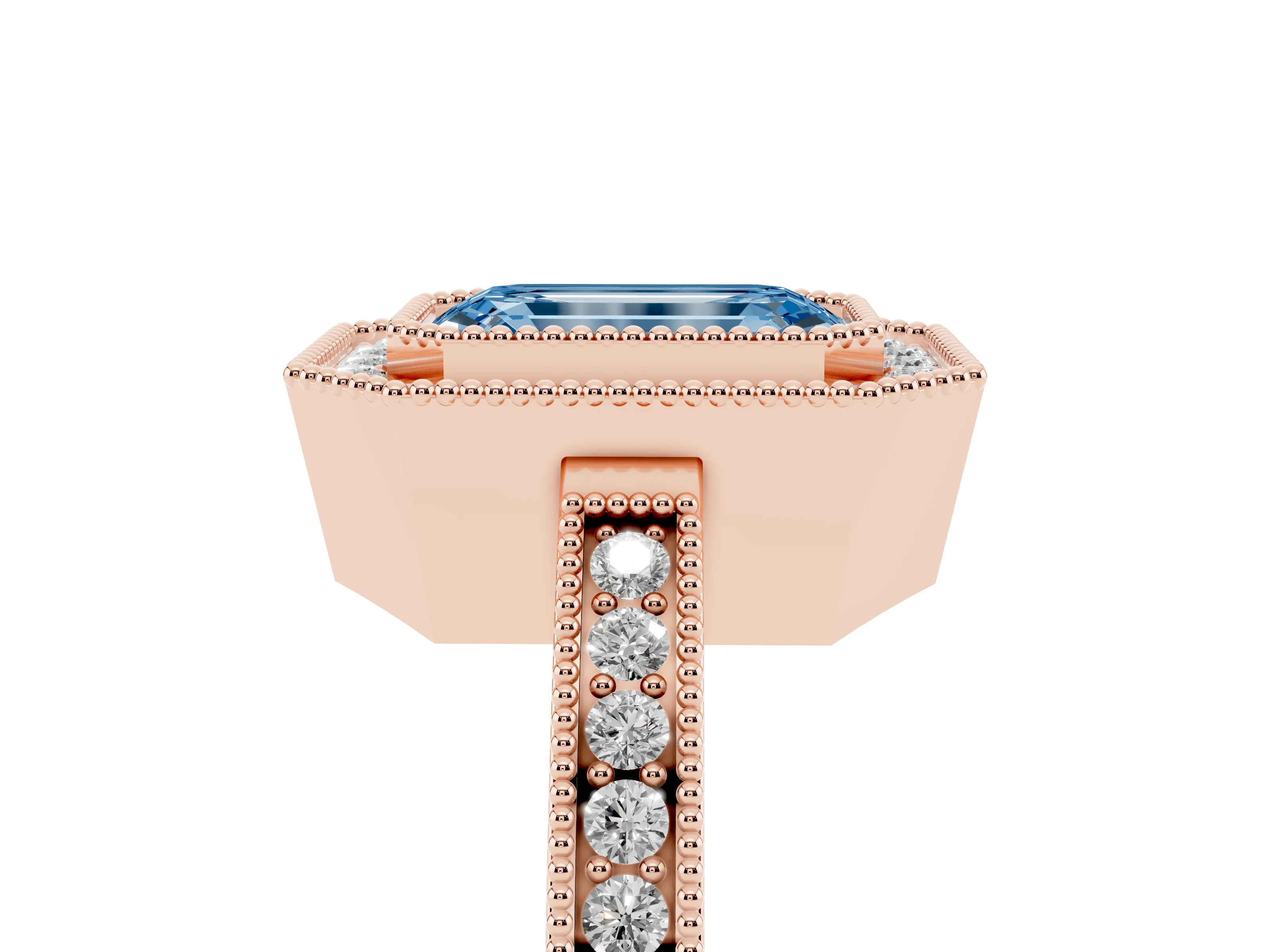 Fancy Blue Emerald Cut Diamond Halo Ring Set in Rose gold with Pavé Band and Milgrain-Edged Prongs