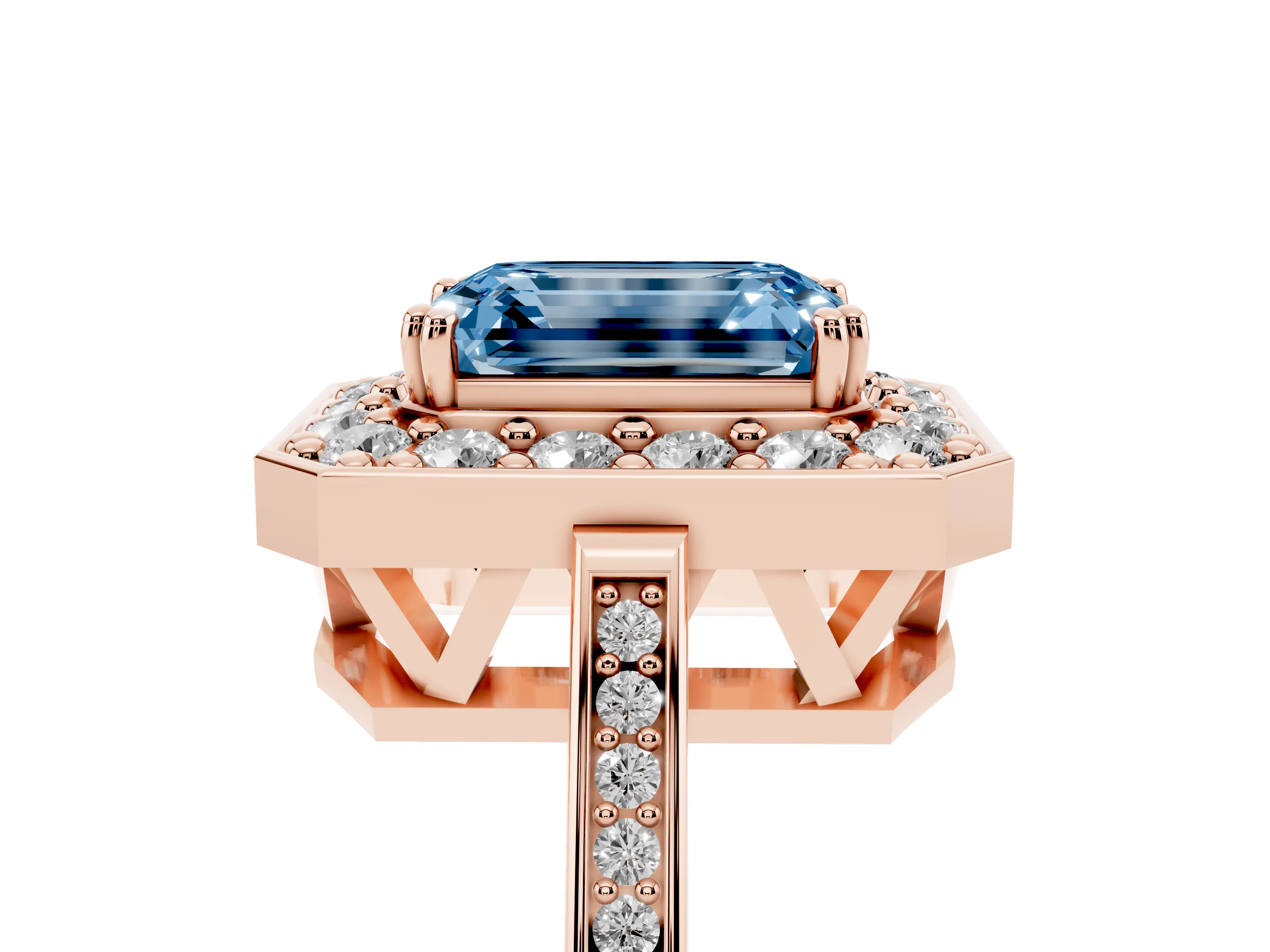 Fancy Blue Emerald Cut Diamond Halo Ring Set in Rose gold with Accent-Lined Split Shank and Prong Setting