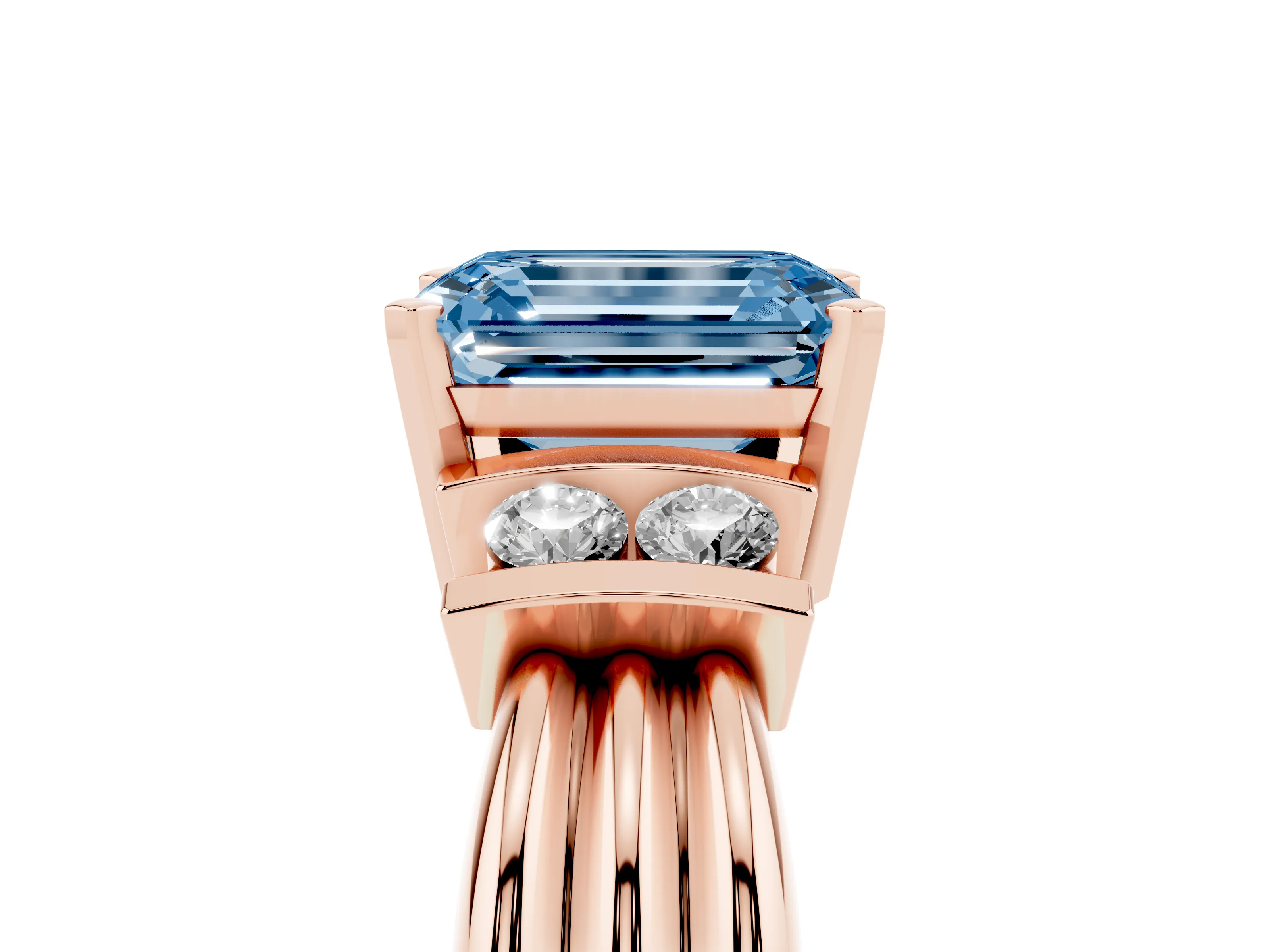 Fancy Blue Three-Stone Emerald Cut Diamond Channel Set Ring Set in Rose gold with Bar Prongs