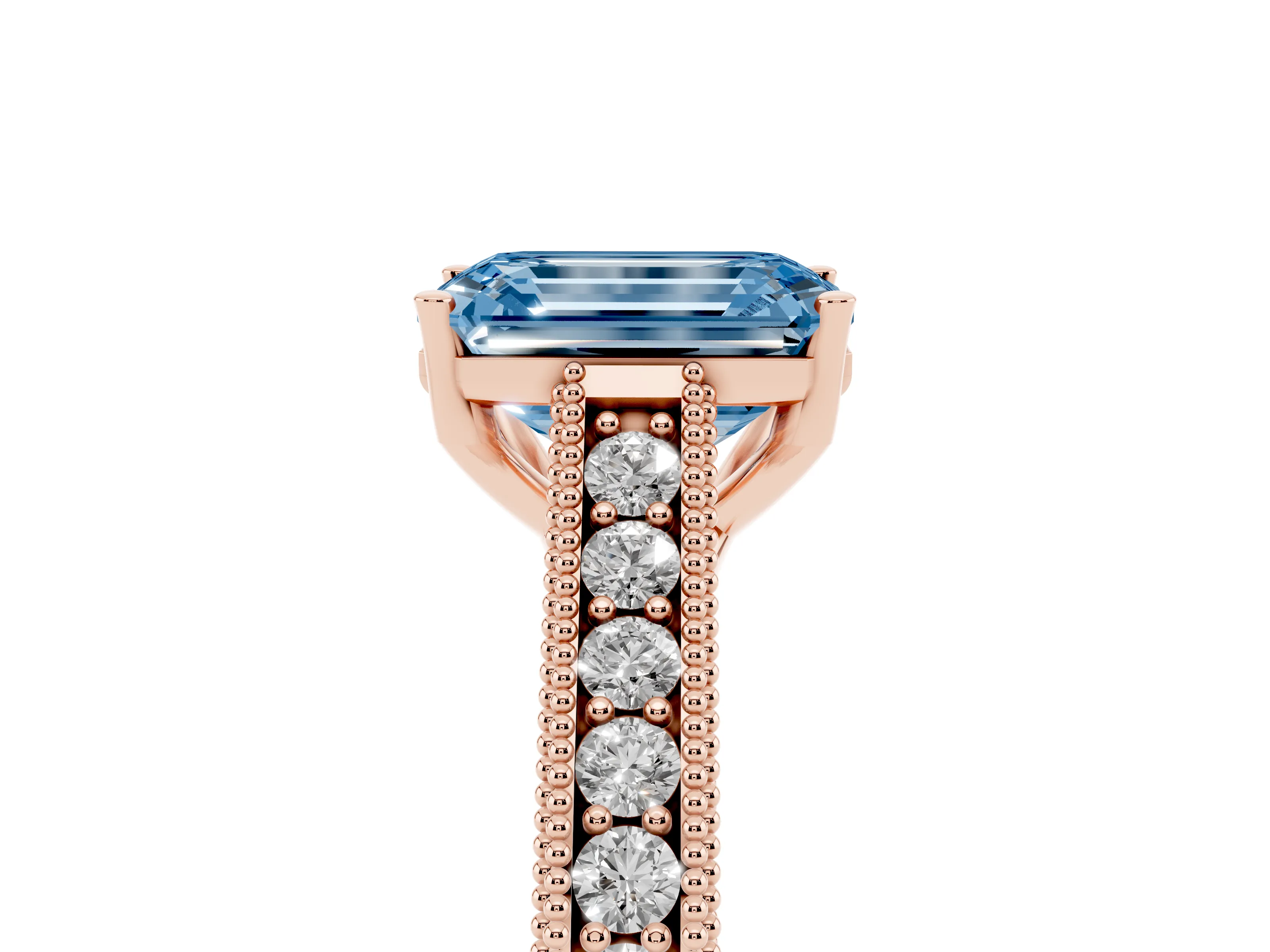 Fancy Blue Emerald Cut Diamond Milgrain Pavé Band Solitaire Ring Set in Rose gold with Prong Setting