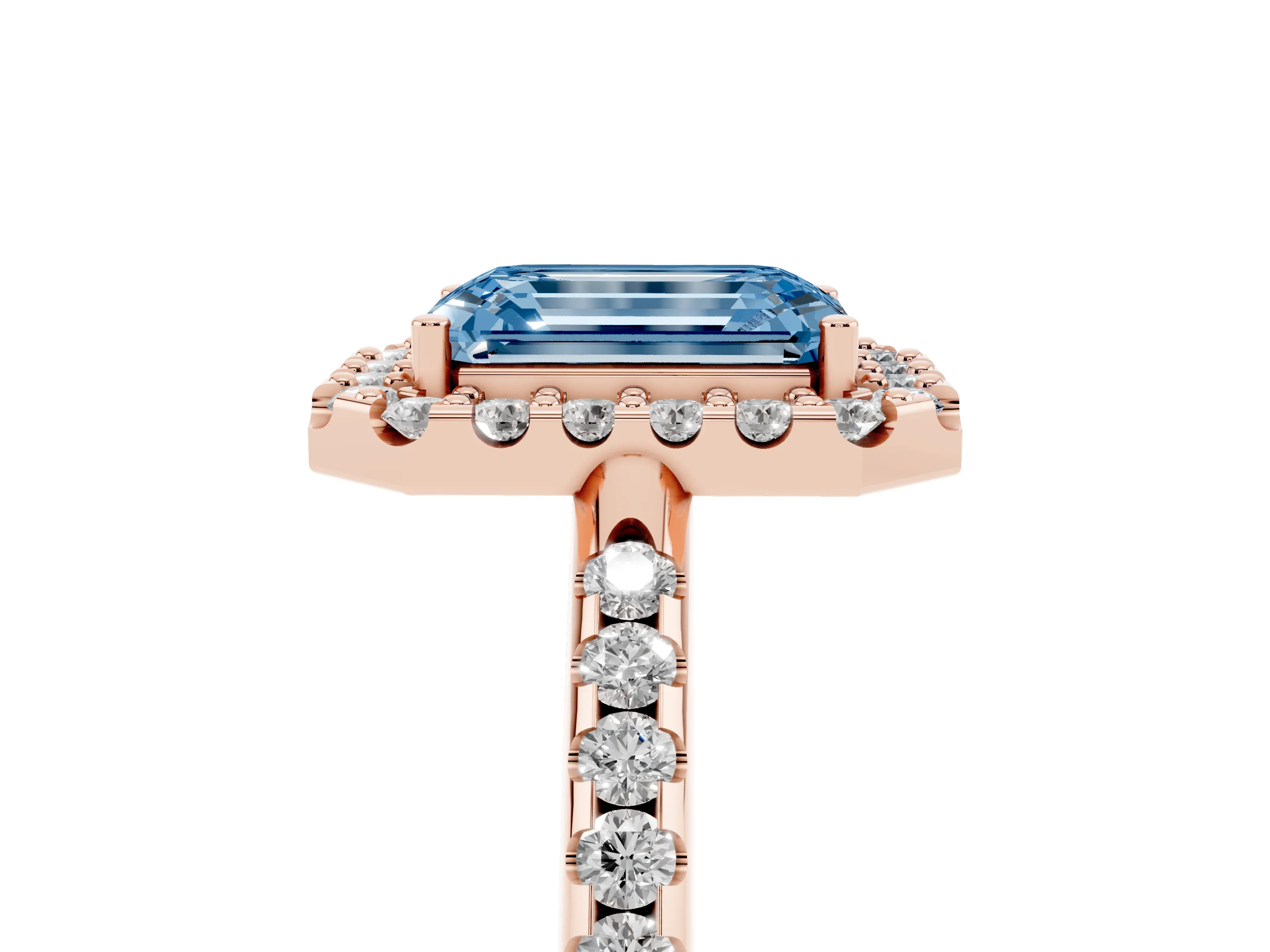 Fancy Blue Emerald Cut Diamond Pavé Halo Ring Set in Rose gold with Prong Setting