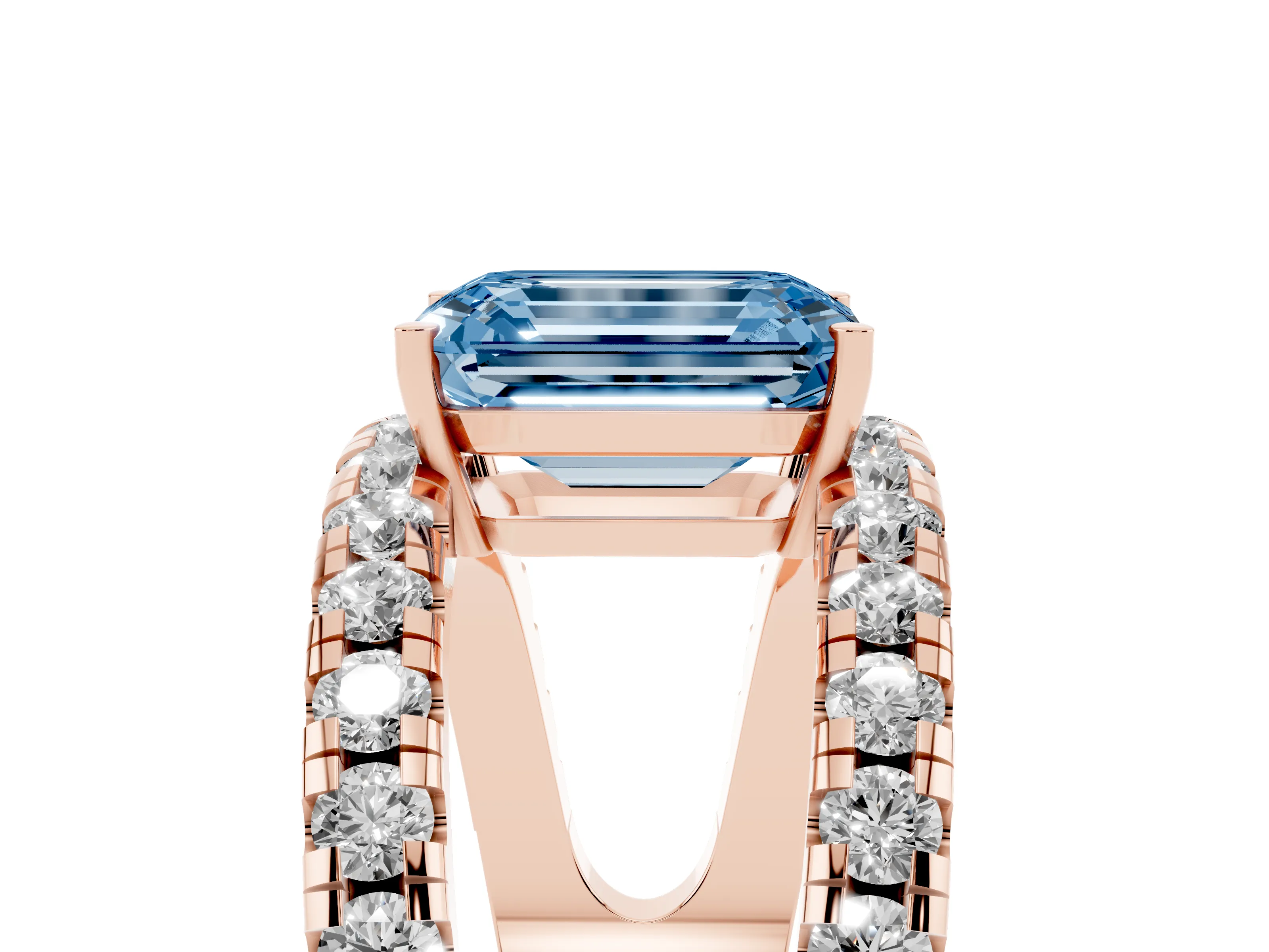 Fancy Blue Emerald Cut Diamond Split Shank Pavé Solitaire Ring Set in Rose gold with Open Shank Design