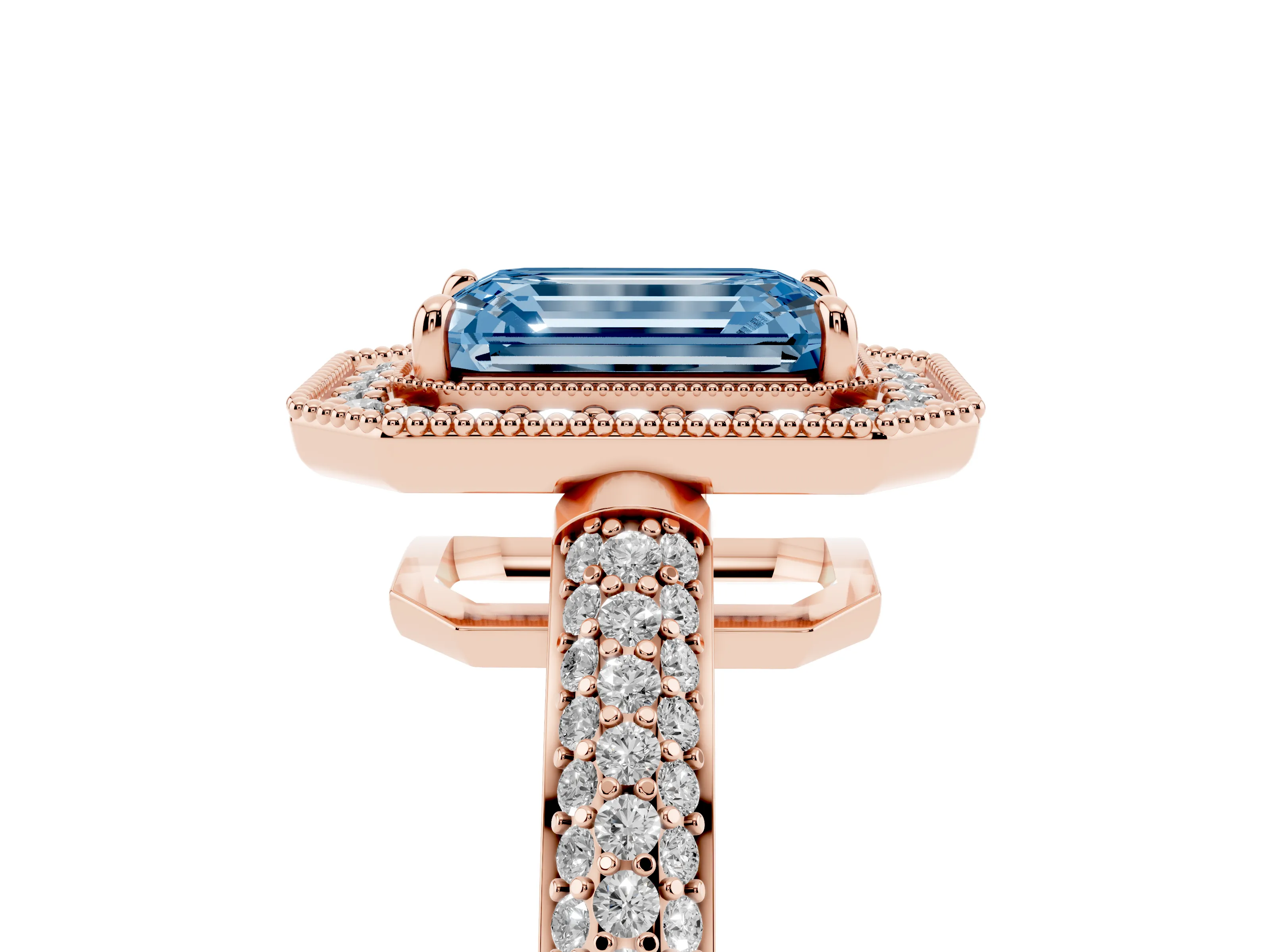 Fancy Blue Emerald Cut Diamond Halo Pavé Band Set in Rose gold with Prong Setting
