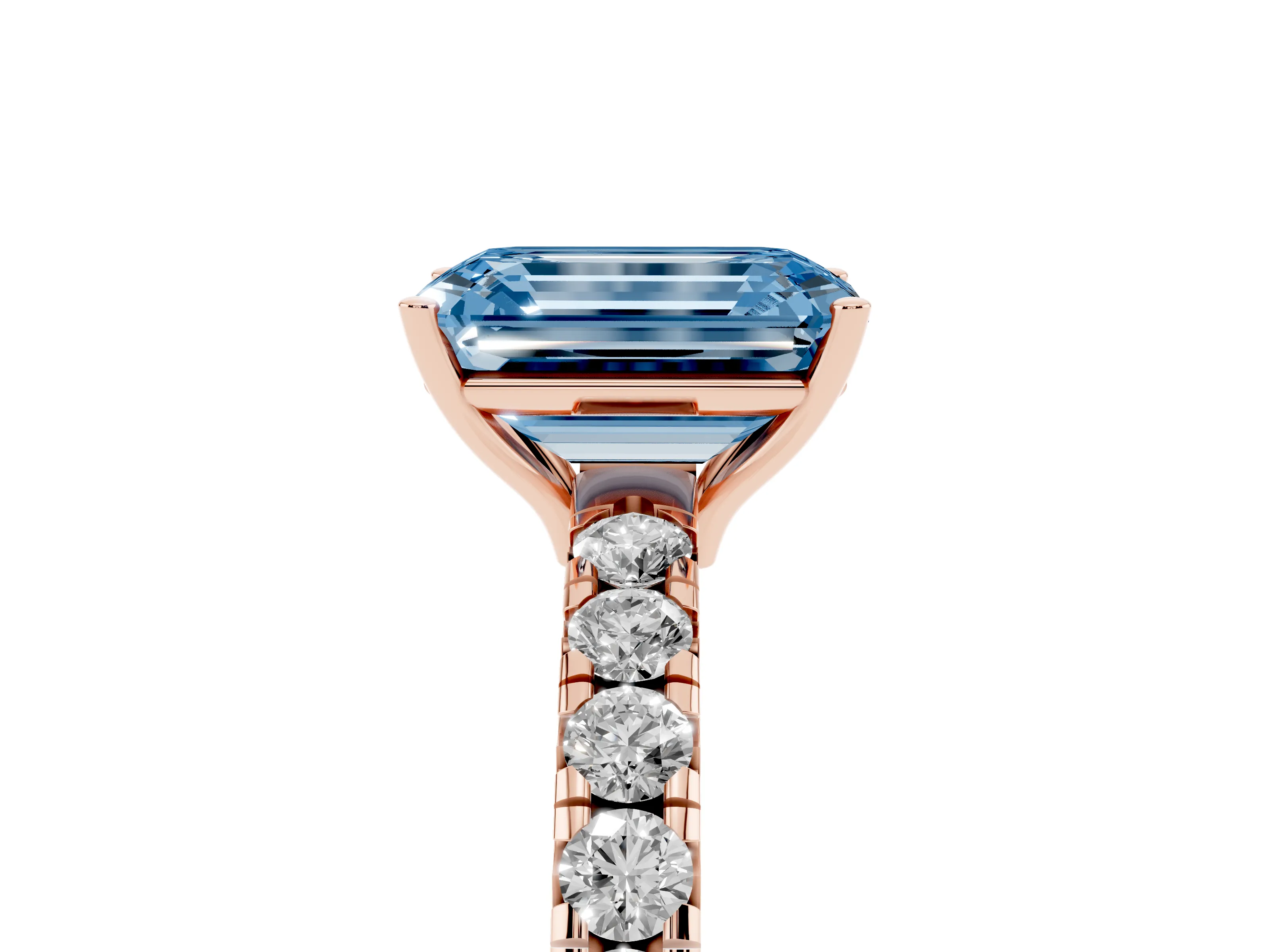 Fancy Blue Emerald Cut Diamond Pavé Solitaire Engagement Ring Set in Rose gold with Prong Setting