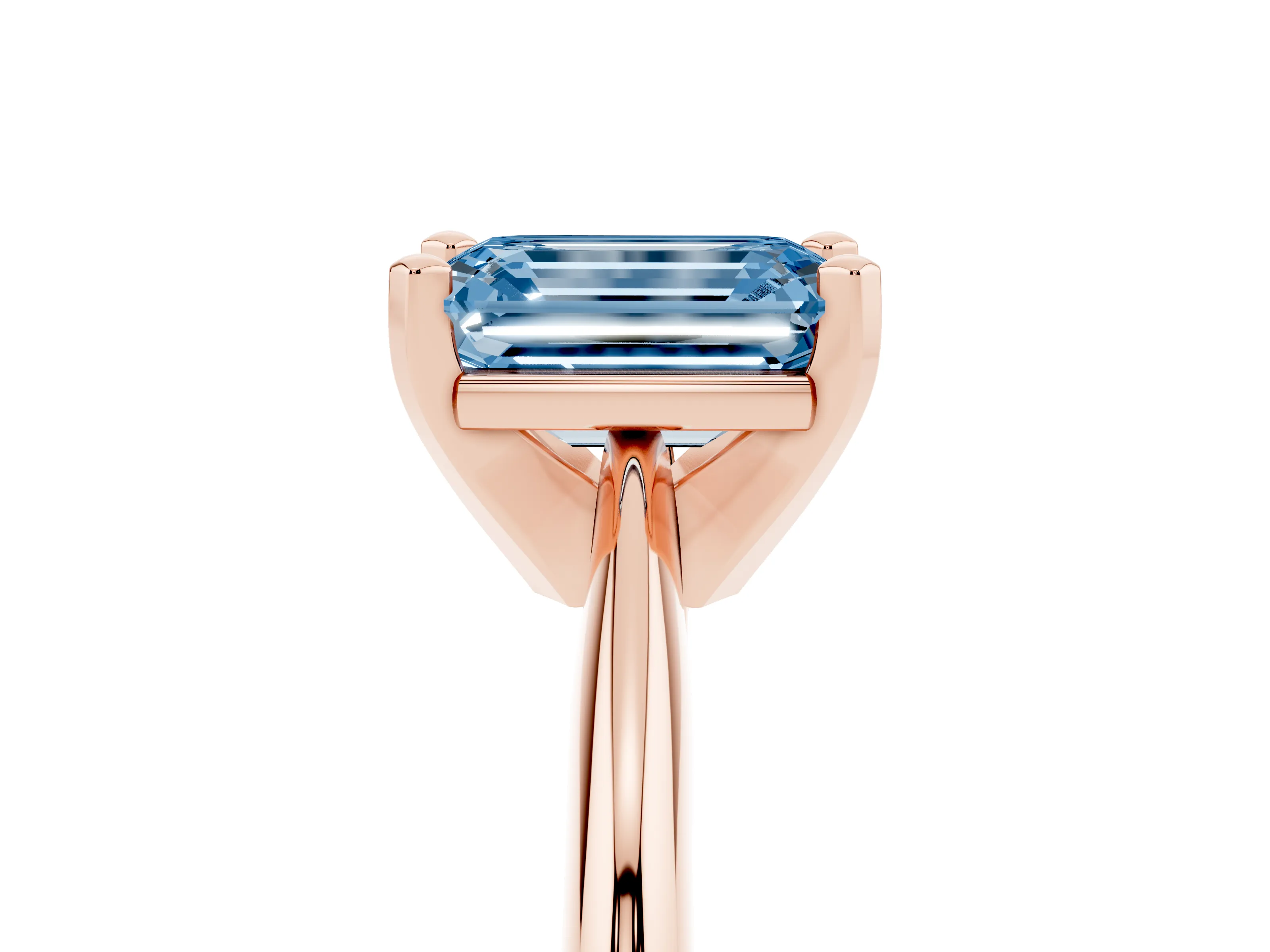 Fancy Blue Emerald Cut Diamond Solitaire Ring Set in Rose gold with Prong Setting on a Plain Round Band