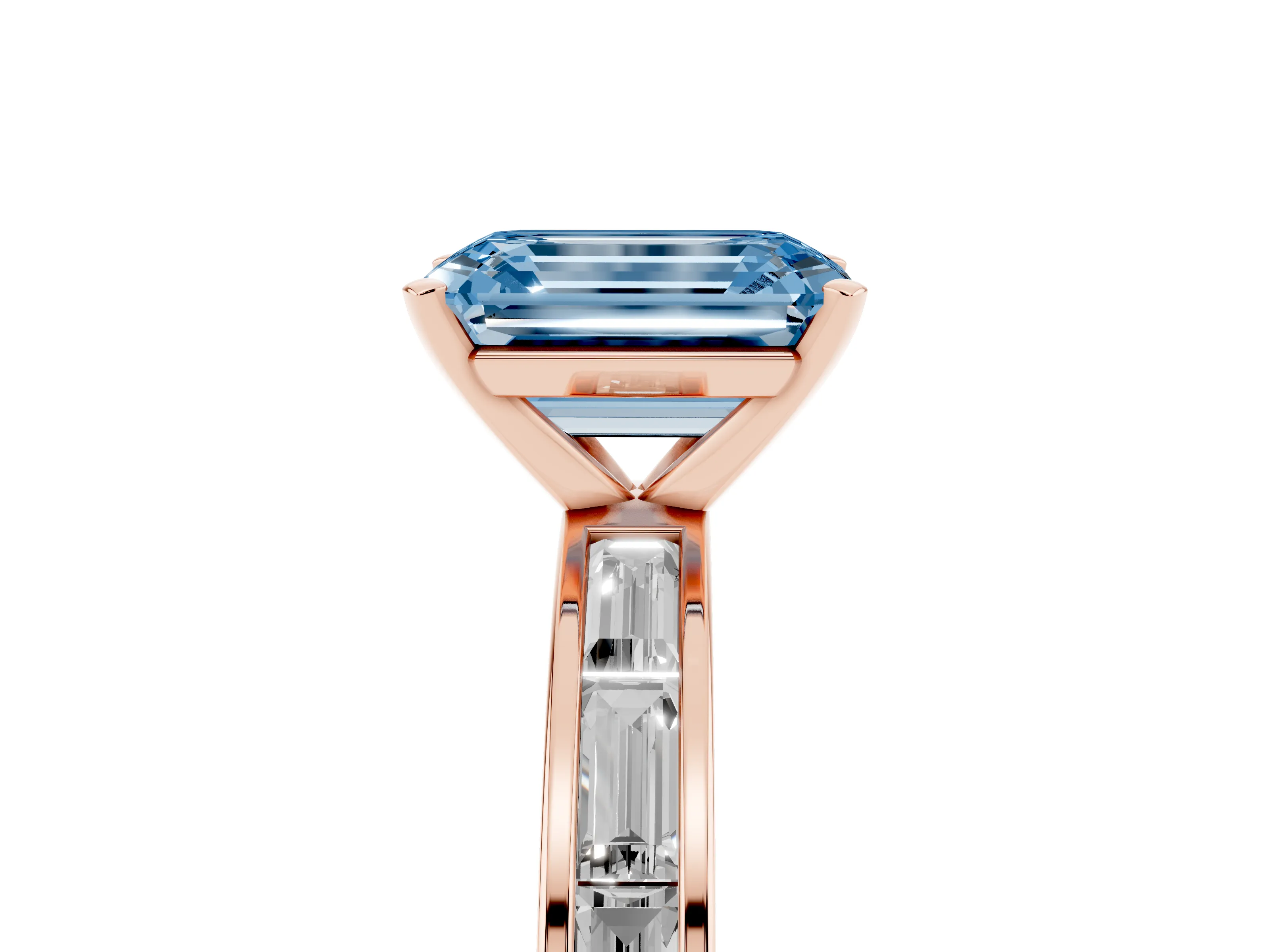 Fancy Blue Emerald Cut Diamond Solitaire Ring Set in Rose gold with Channel-Set Baguette Band and Prong Setting
