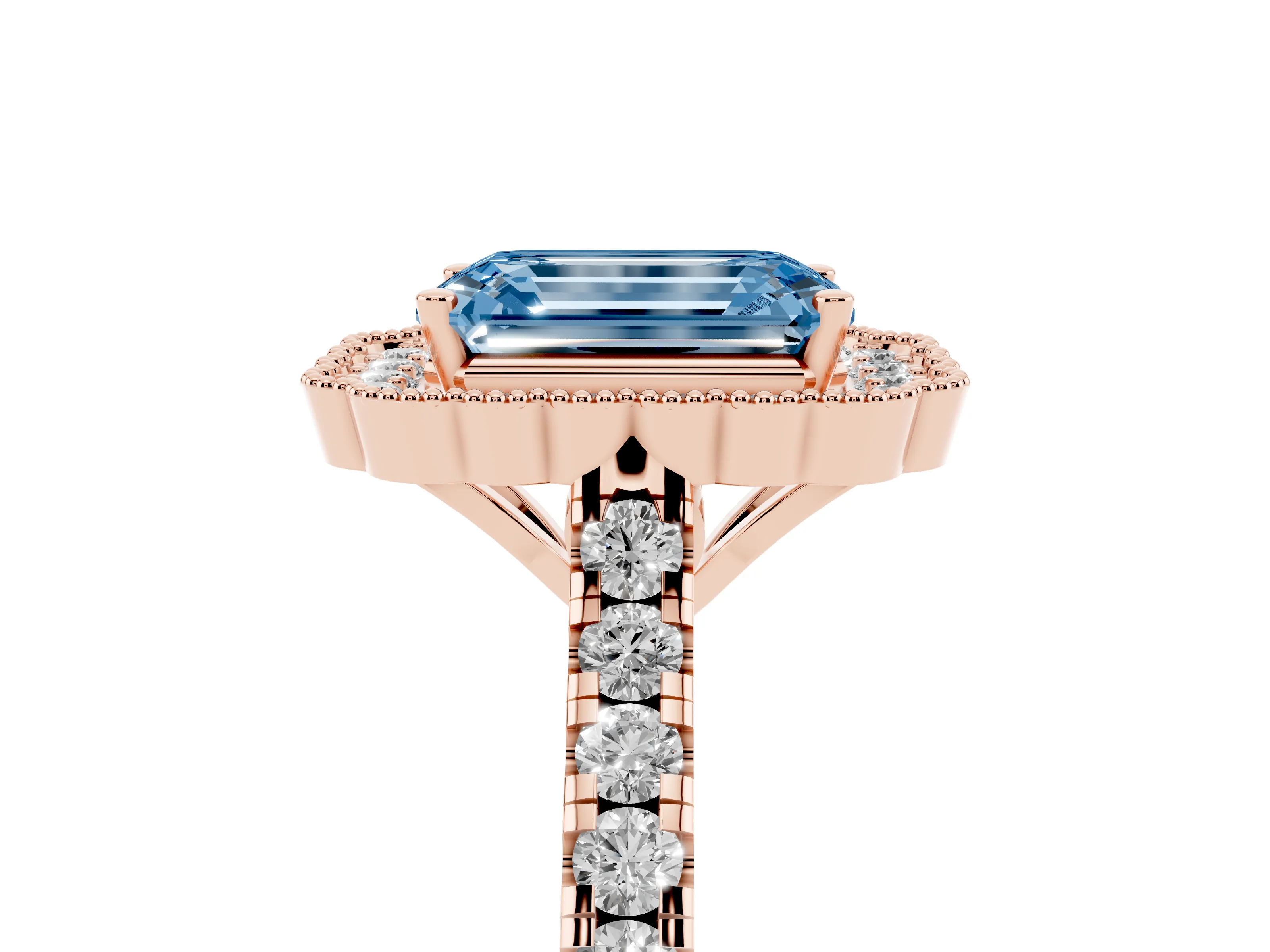 Fancy Blue Emerald Cut Diamond Milgrain Floral Halo Engagement Ring Set in Rose gold with Pavé Band