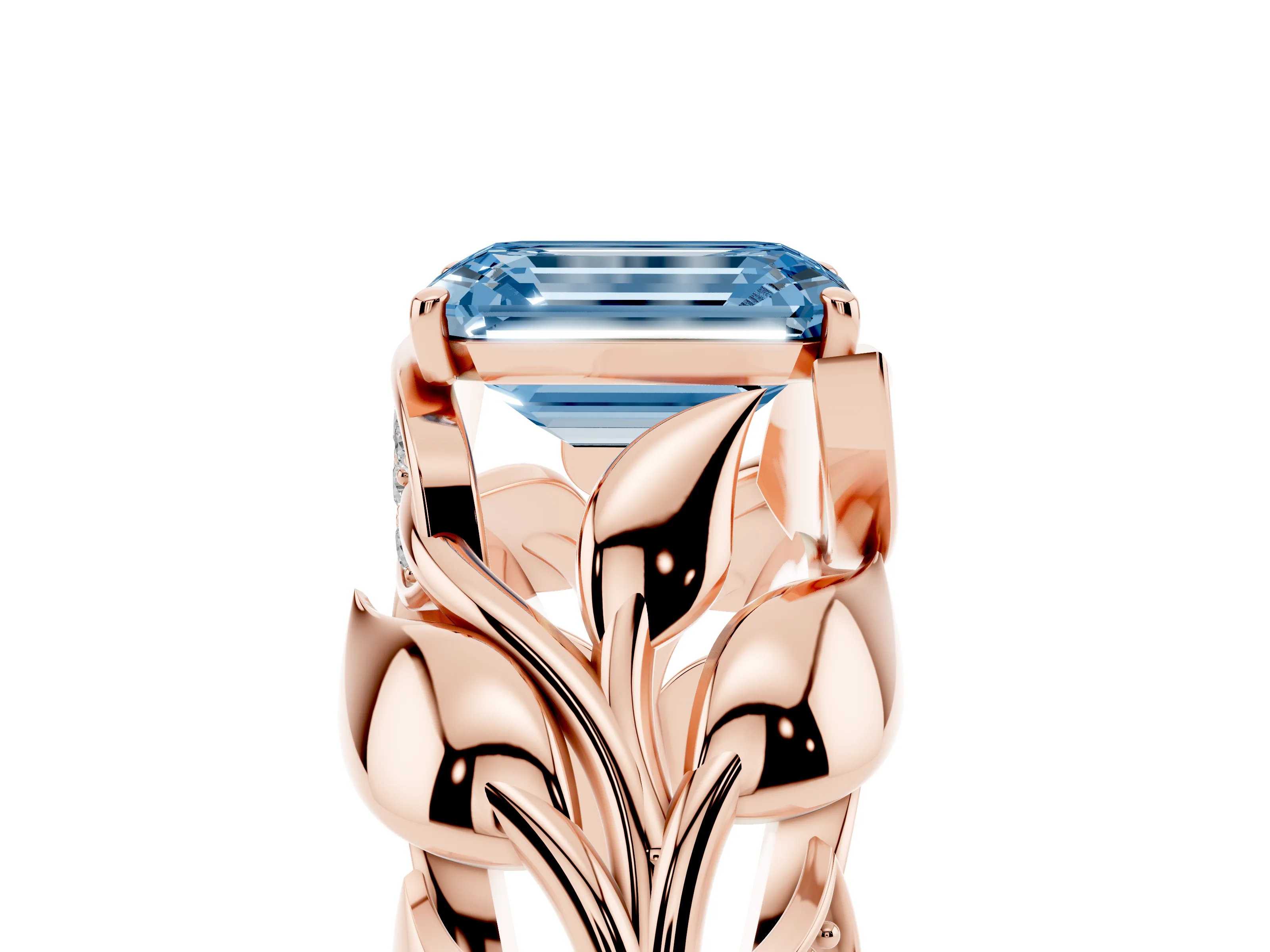 Fancy Blue Emerald Cut Diamond Leaf-Inspired Engagement Ring Set in Rose gold with Round Accents