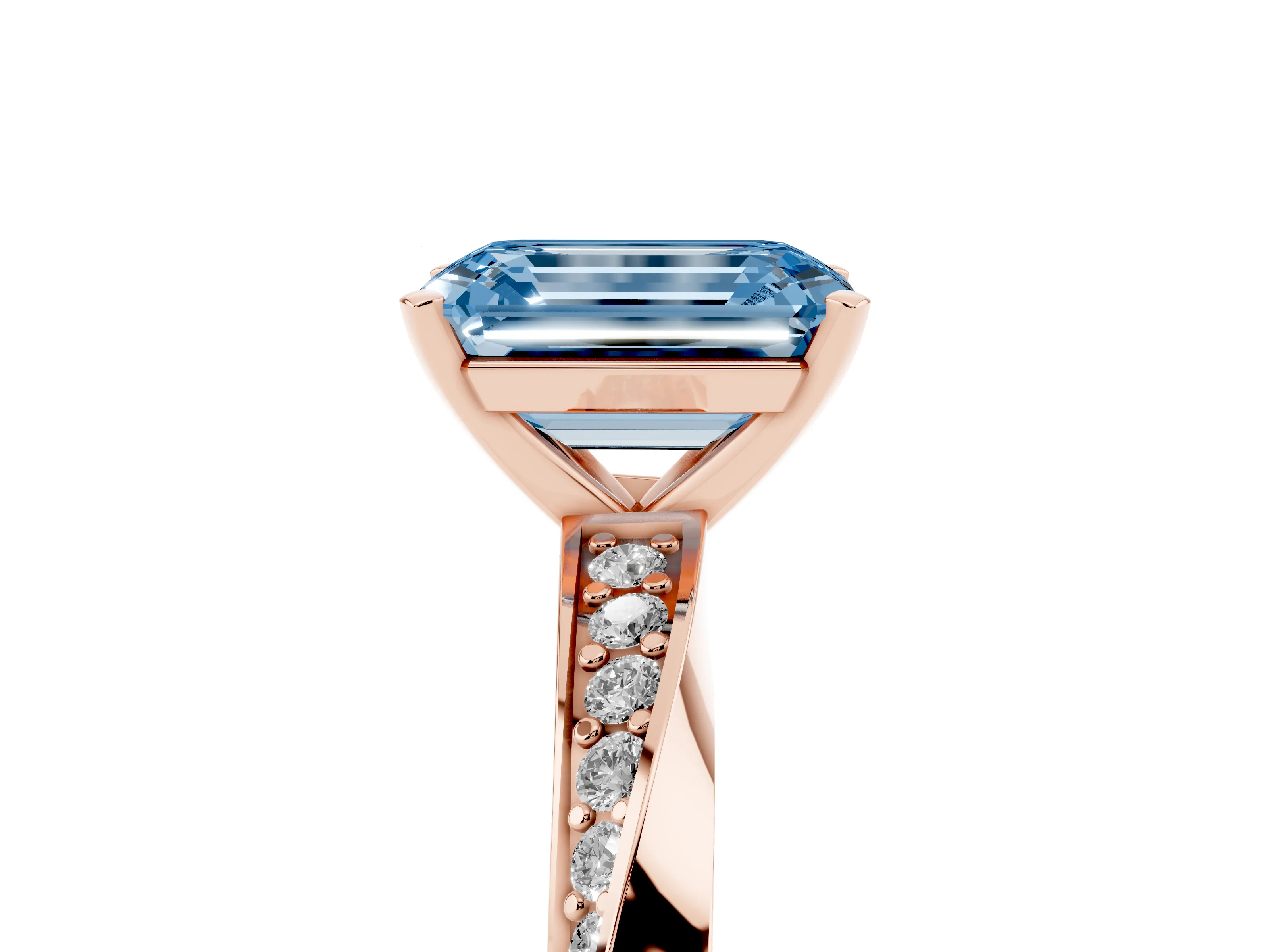 Fancy Blue Emerald Cut Diamond Engagement Ring Set in Rose gold with Side Stone Accents and Prong Setting