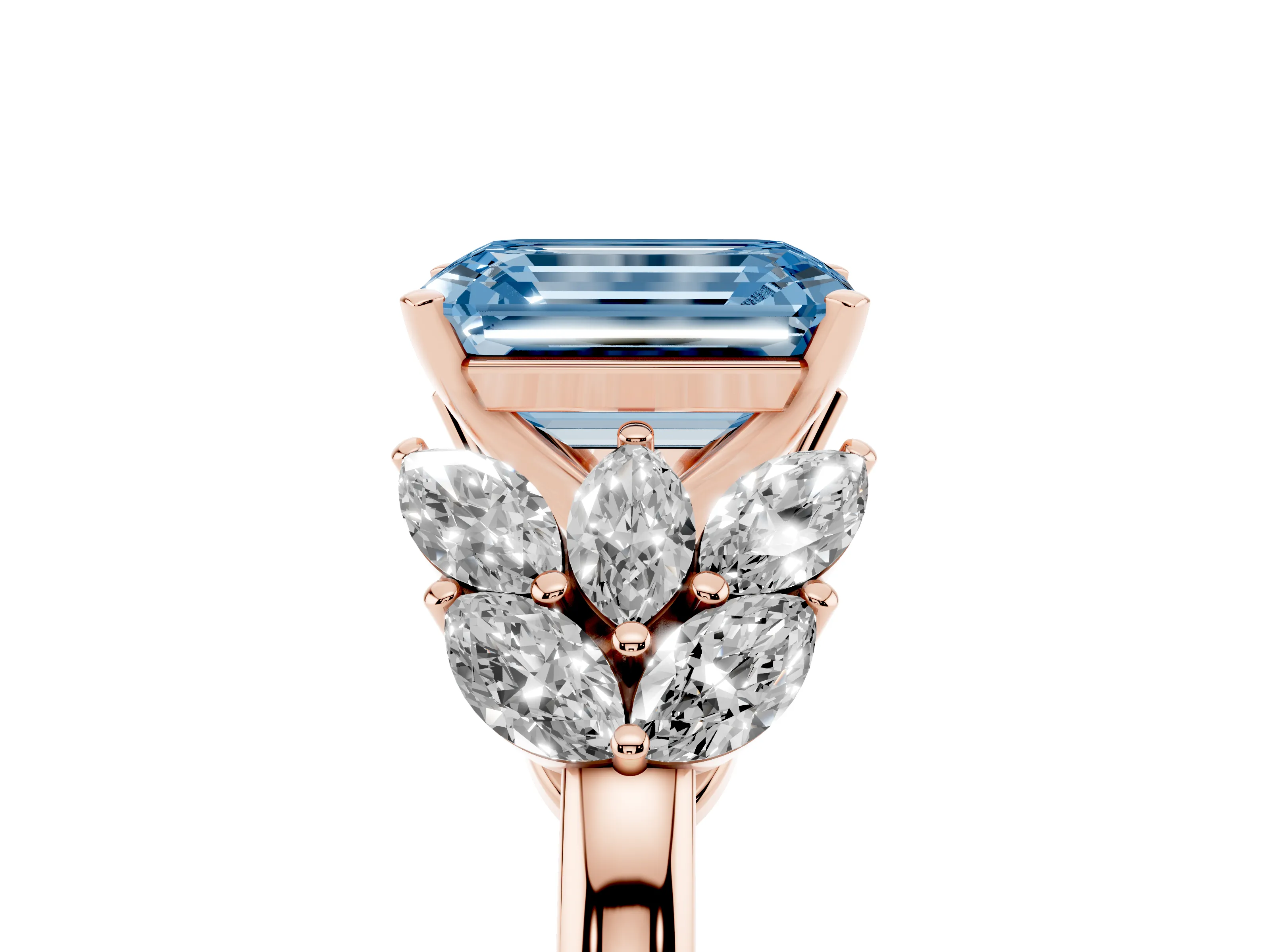 Fancy Blue Emerald Cut Diamond Cluster Leaf Design Ring Set in Rose gold with Prong Setting