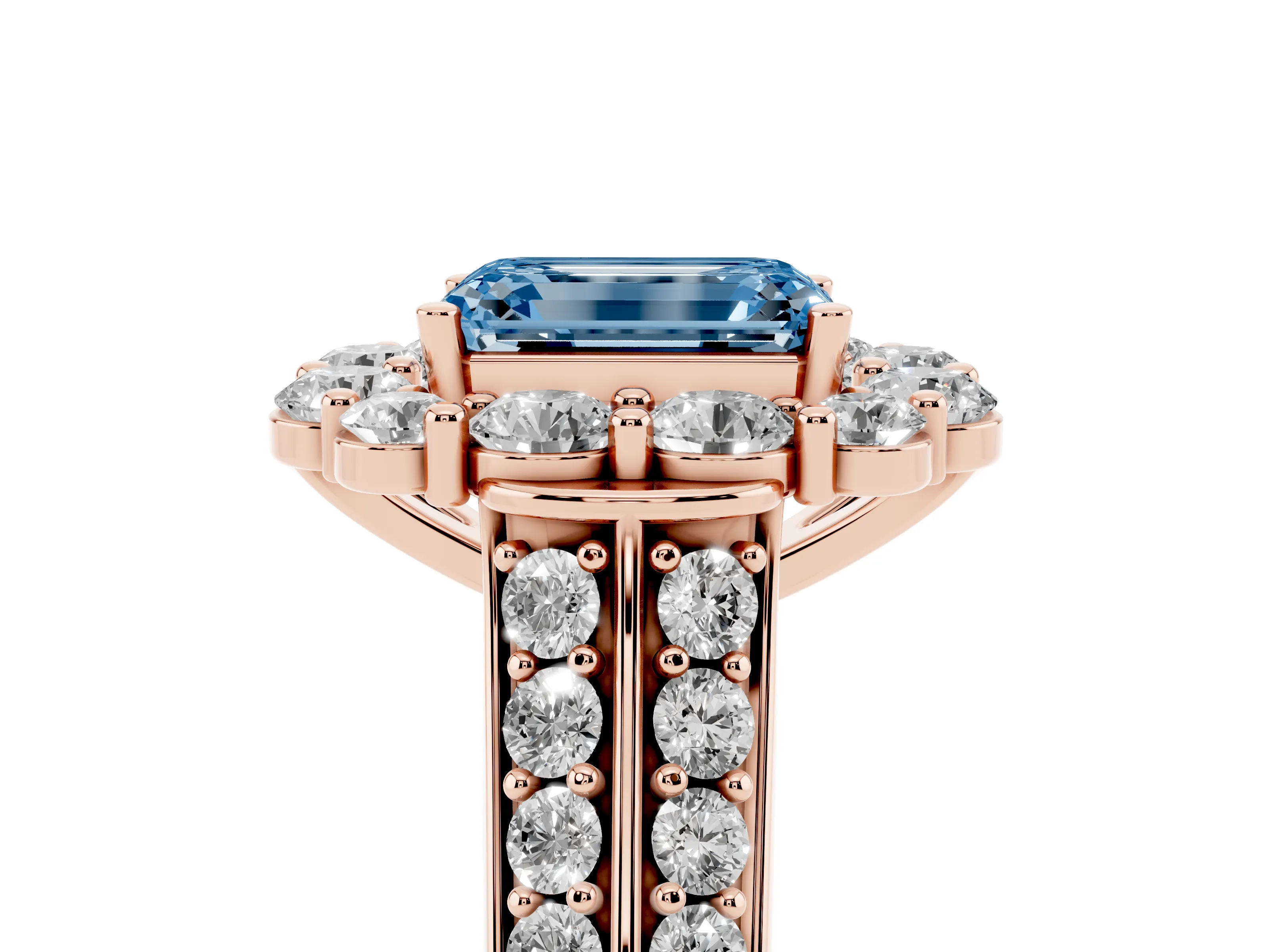 Fancy Blue Emerald Cut Diamond Halo Engagement Ring Set in Rose gold with Split Shank and Prong Setting
