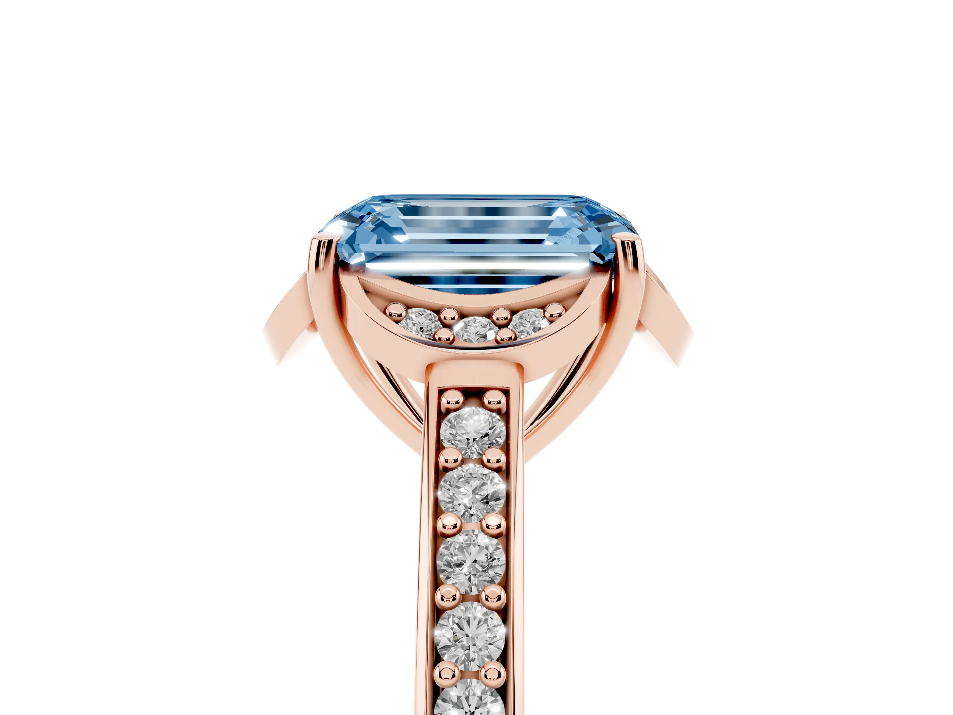 Fancy Blue Emerald Cut Diamond Halo Ring Set in Rose gold with Channel Set Band and Prong Setting