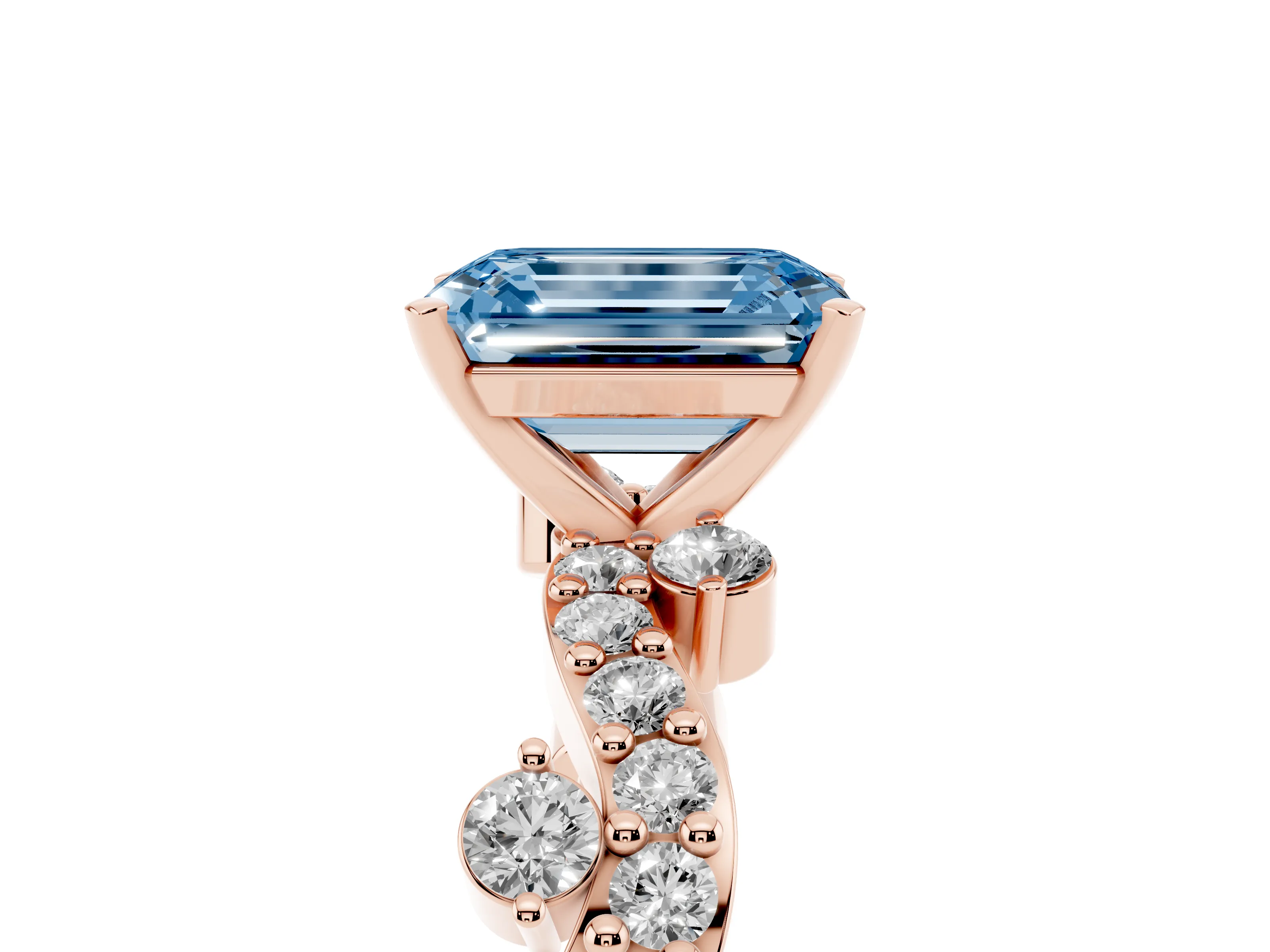 Fancy Blue Emerald Cut Diamond Solitaire Twisted Band Set in Rose gold with Pavé Setting