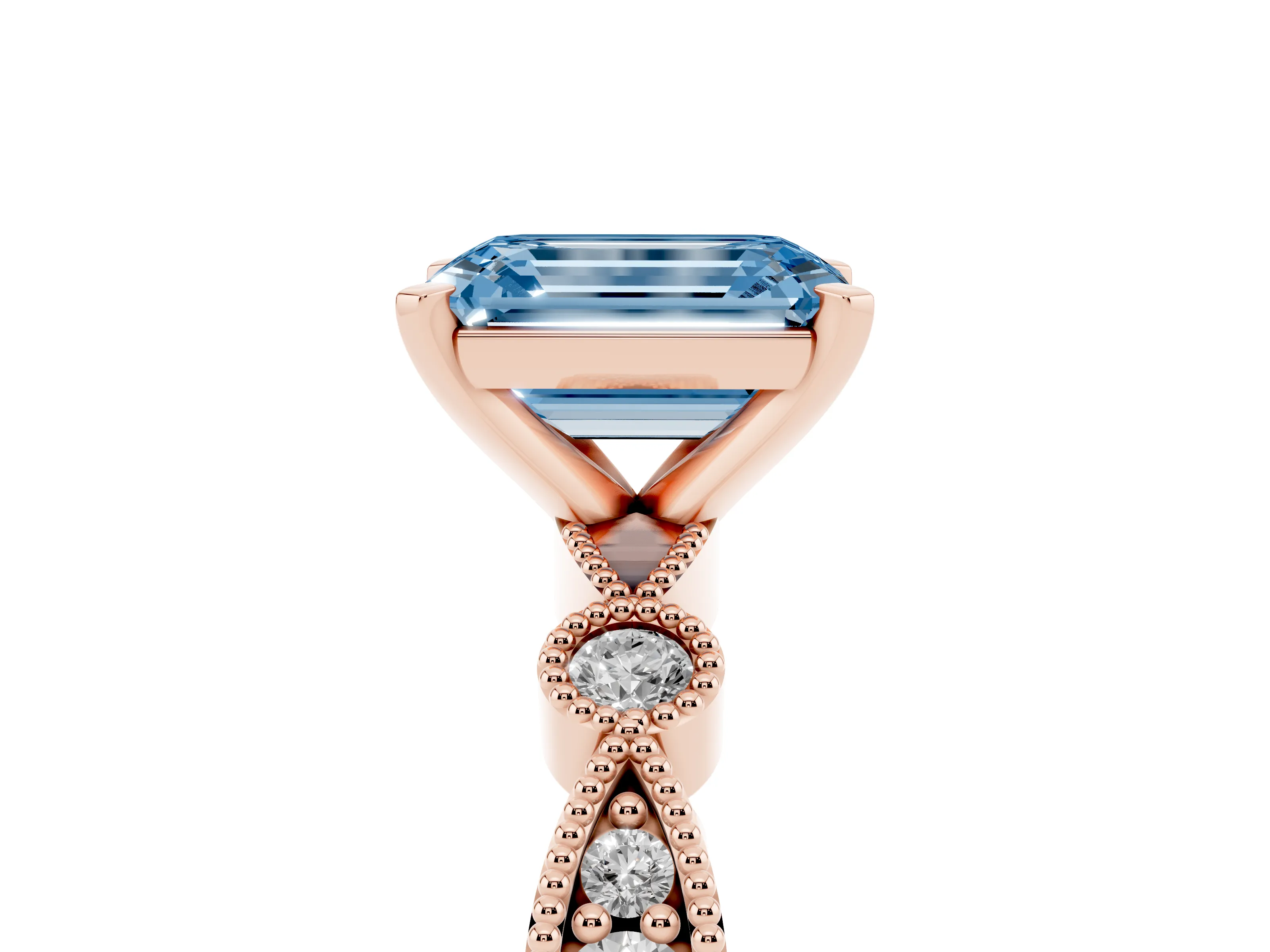 Fancy Blue Emerald Cut Diamond Solitaire Engagement Ring Set in Rose gold with Milgrain Bezel Accent Band
