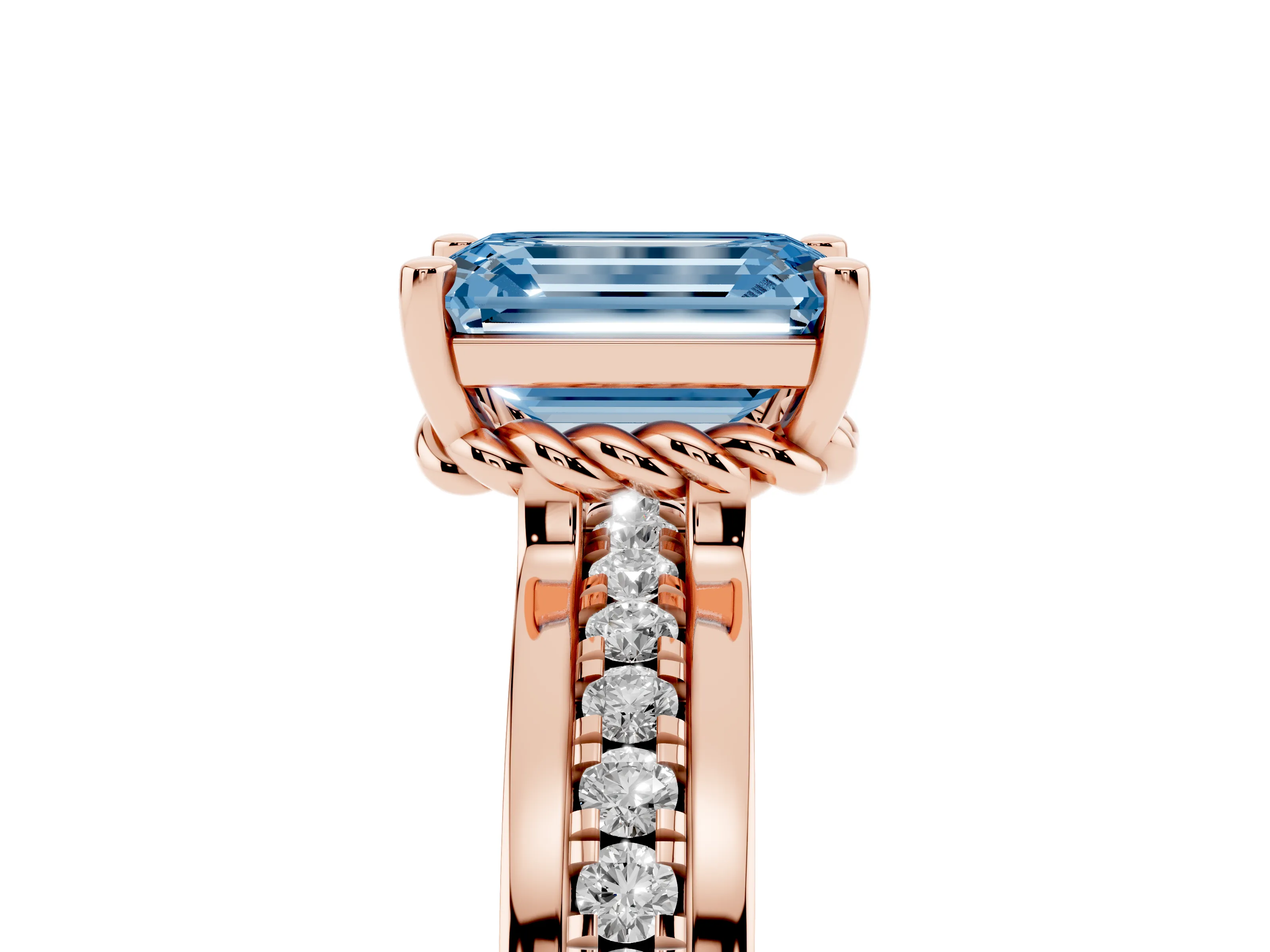 Fancy Blue Emerald Cut Diamond Solitaire Ring Set in Rose gold with Channel Set Band and Prong Setting
