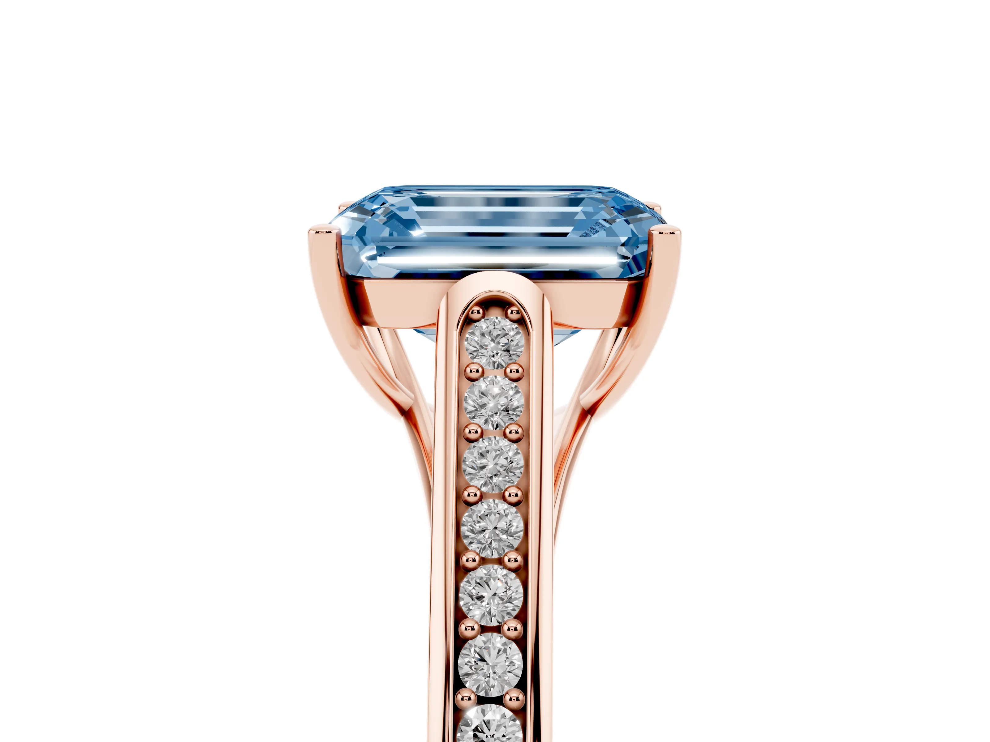 Fancy Blue Emerald Cut Diamond Solitaire Cathedral Engagement Ring Set in Rose gold with Channel-Set Band and Prong Setting