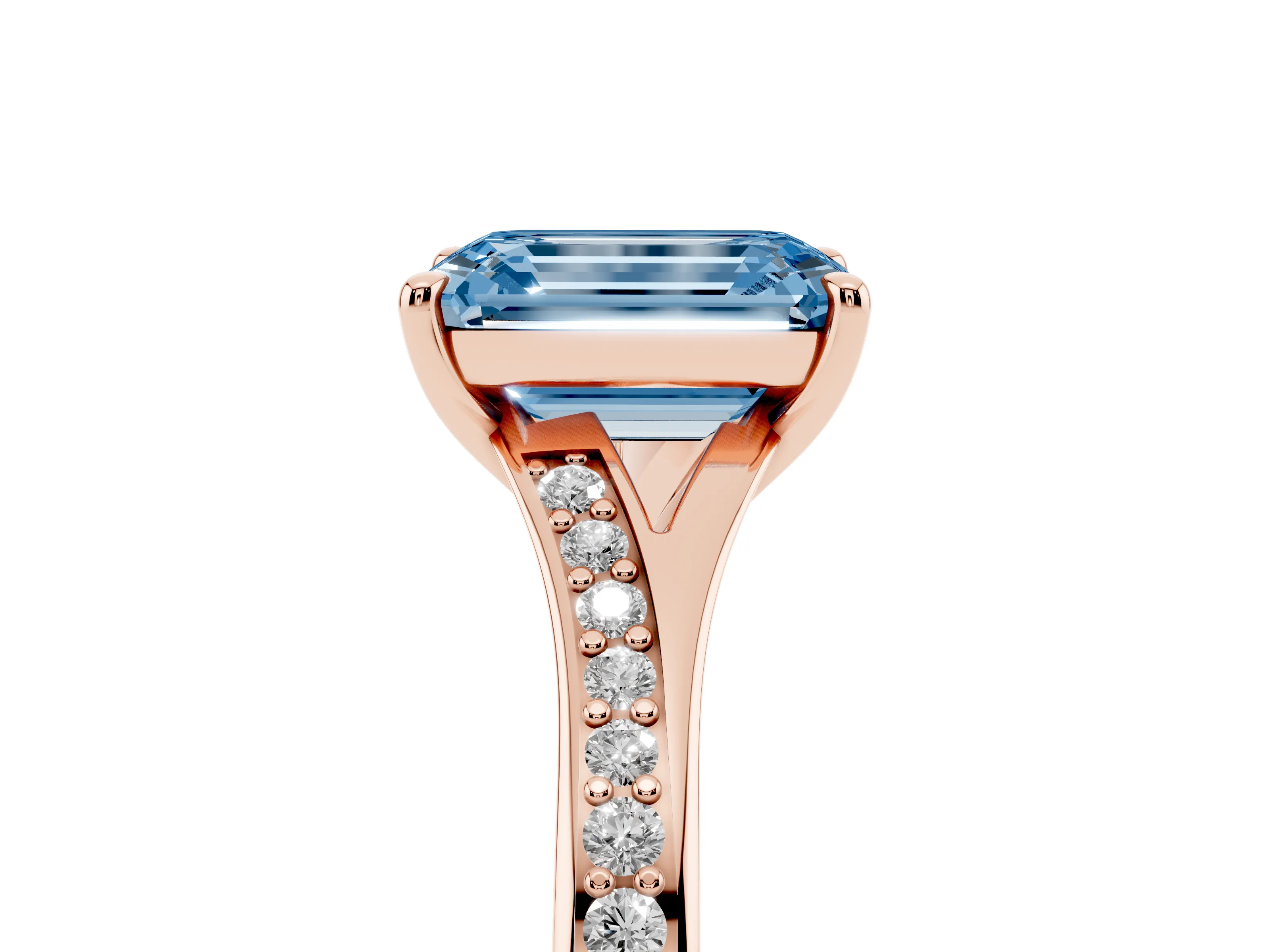 Fancy Blue Emerald Cut Diamond Solitaire Ring Set in Rose gold with Pavé Accent Band and Classic Prong Setting