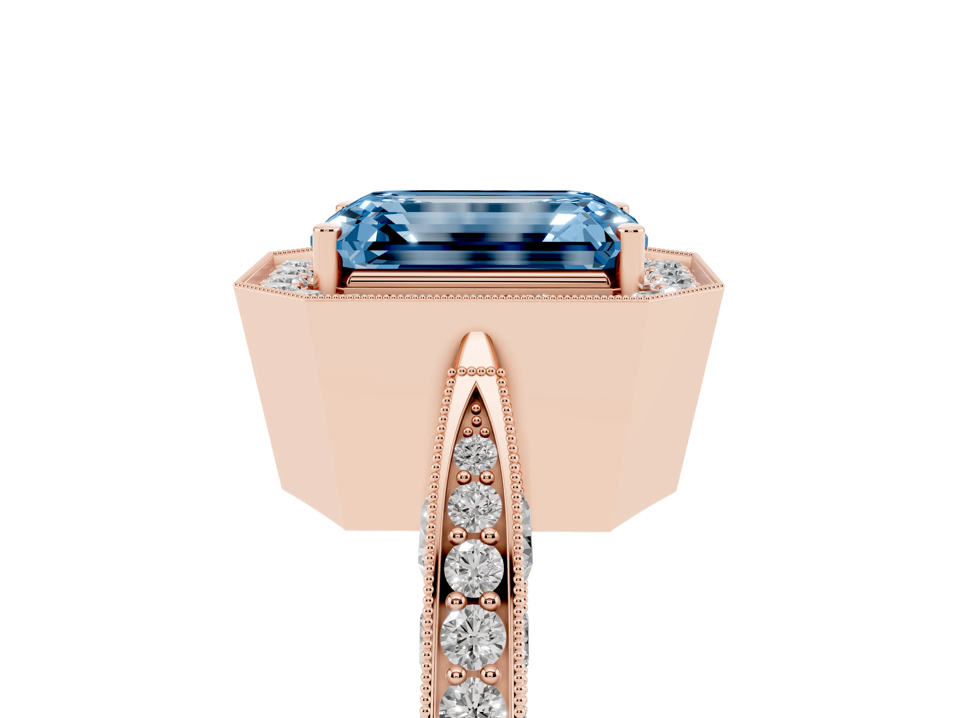 Fancy Blue Emerald Cut Diamond Halo Engagement Ring Set in Rose gold with Accent Split Shank Band