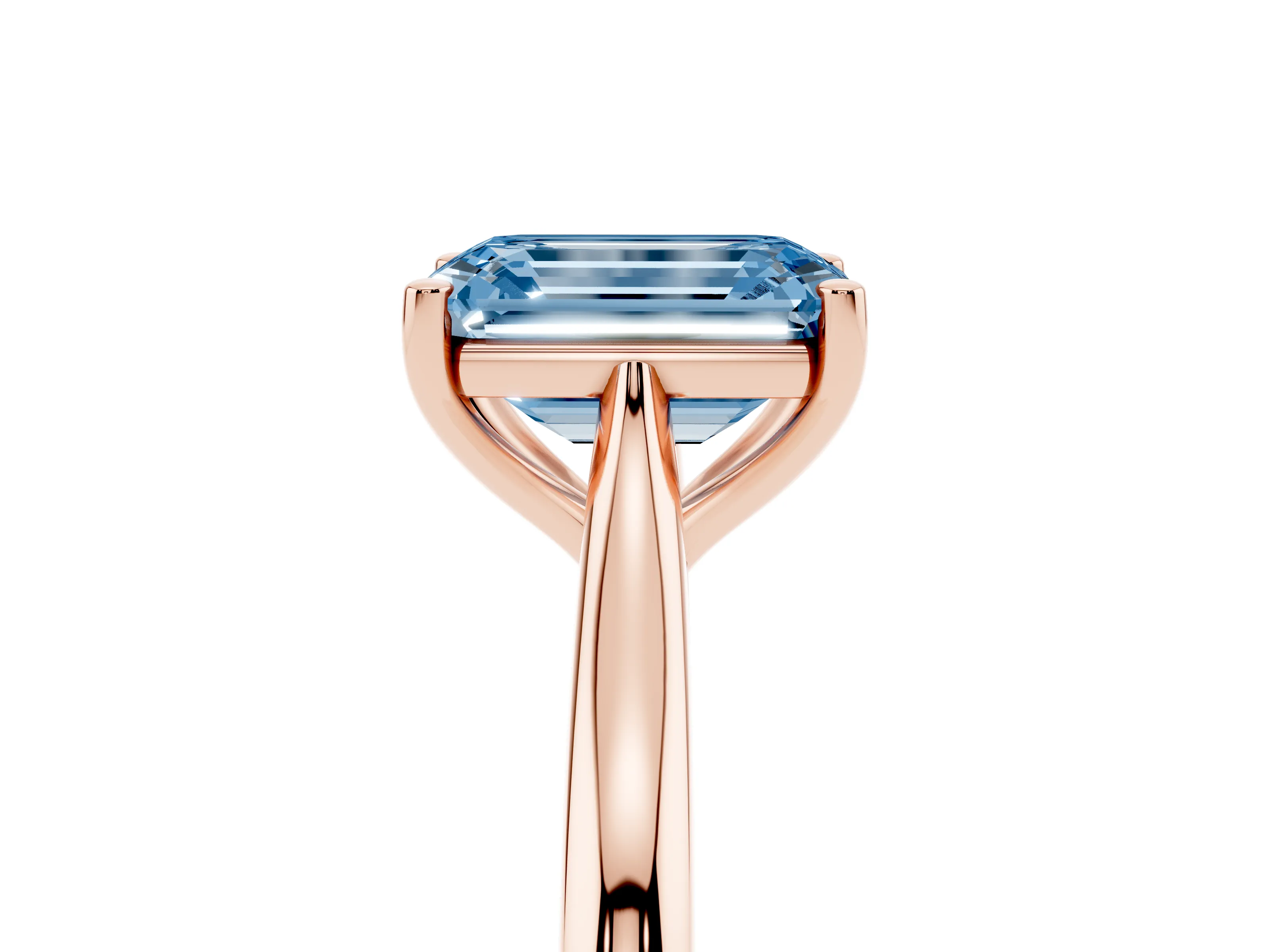 Fancy Blue Emerald Cut Diamond Solitaire Ring Set in Rose gold with Cathedral Band and Prong Setting