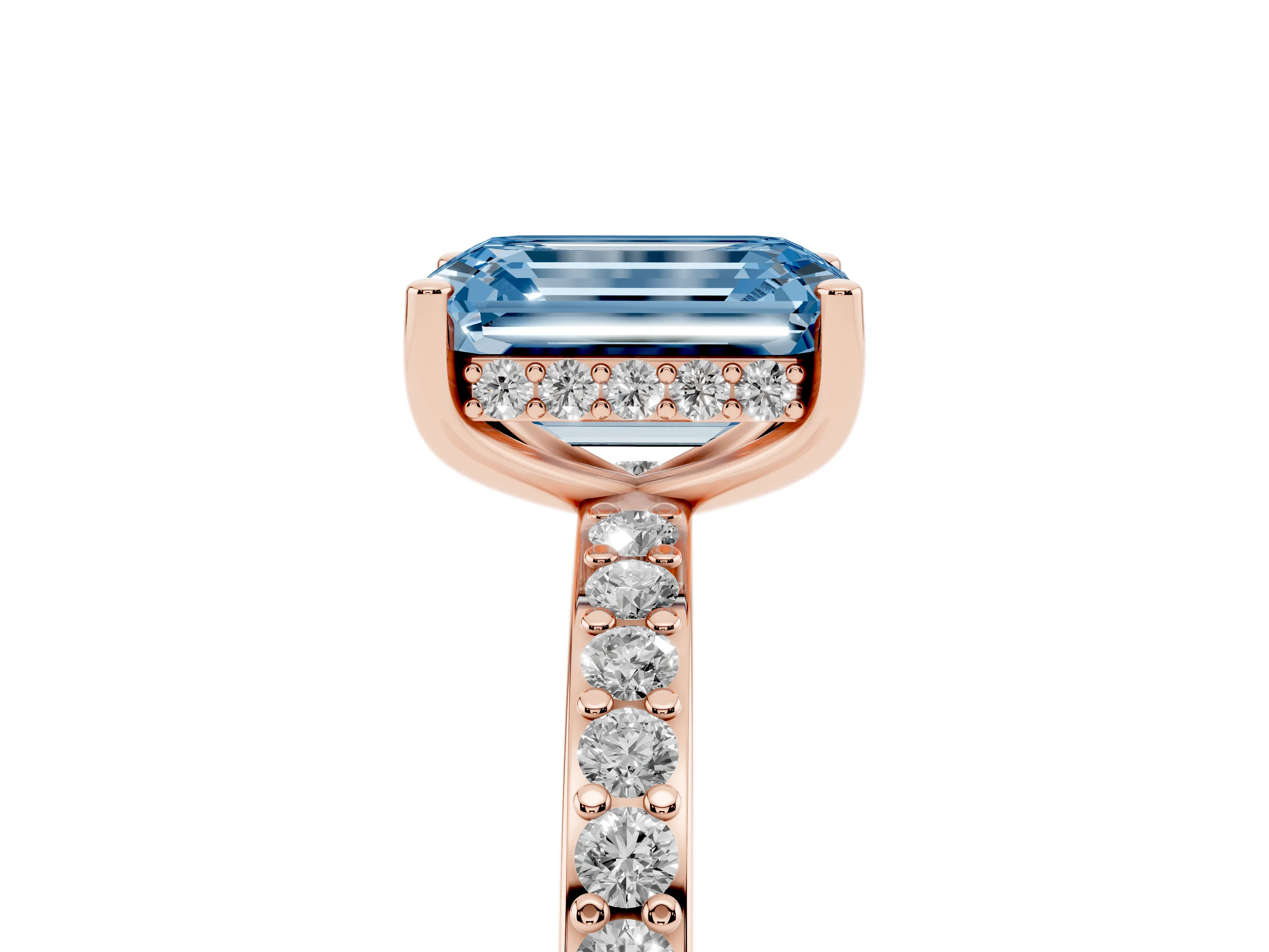 Fancy Blue Emerald Cut Diamond Pavé Band Ring Set in Rose gold with Prong-Set Center Stone