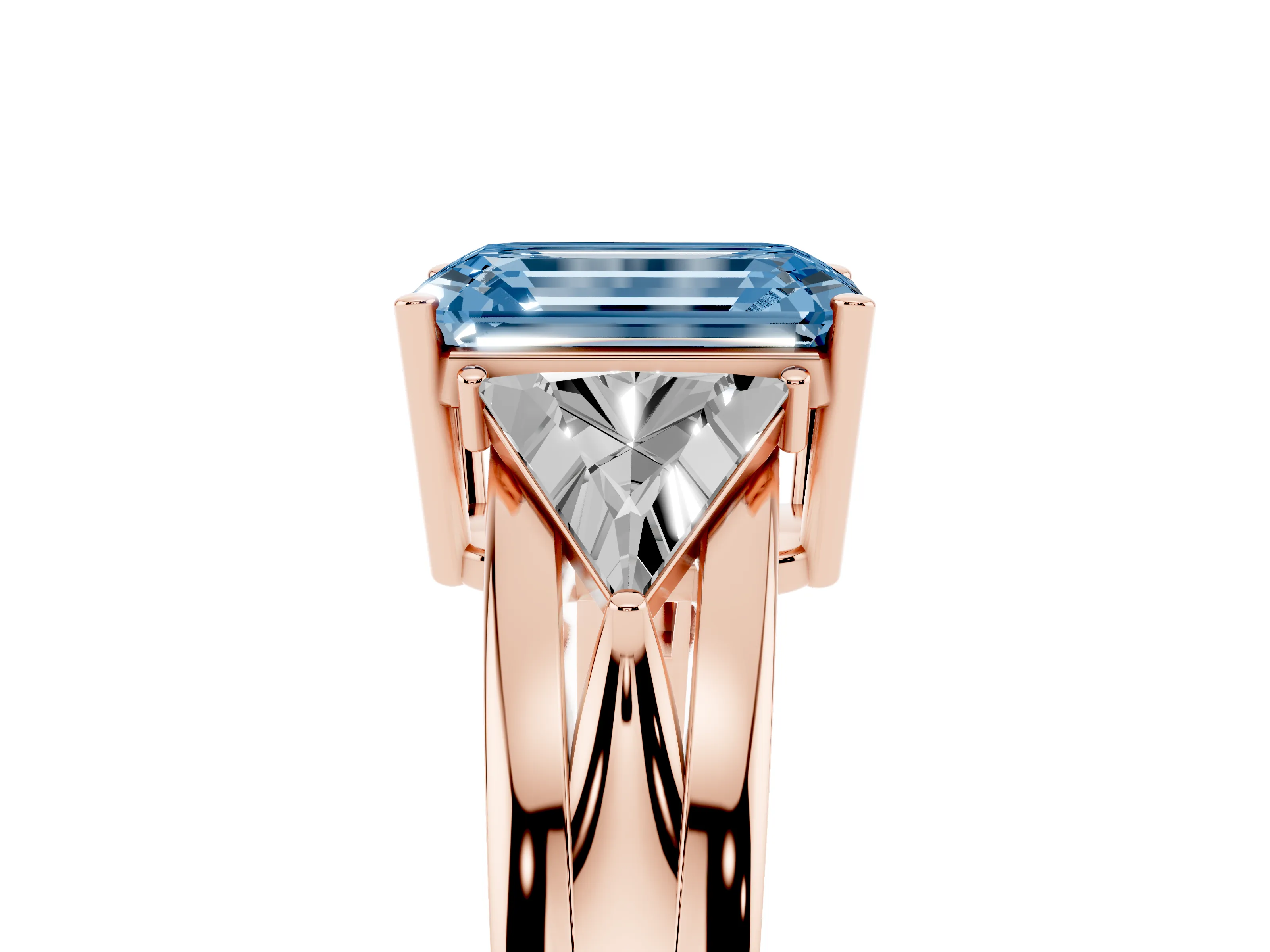 Fancy Blue Emerald Cut Diamond Three-Stone Ring Set in Rose gold with Trillion Side Stones and Split Shank