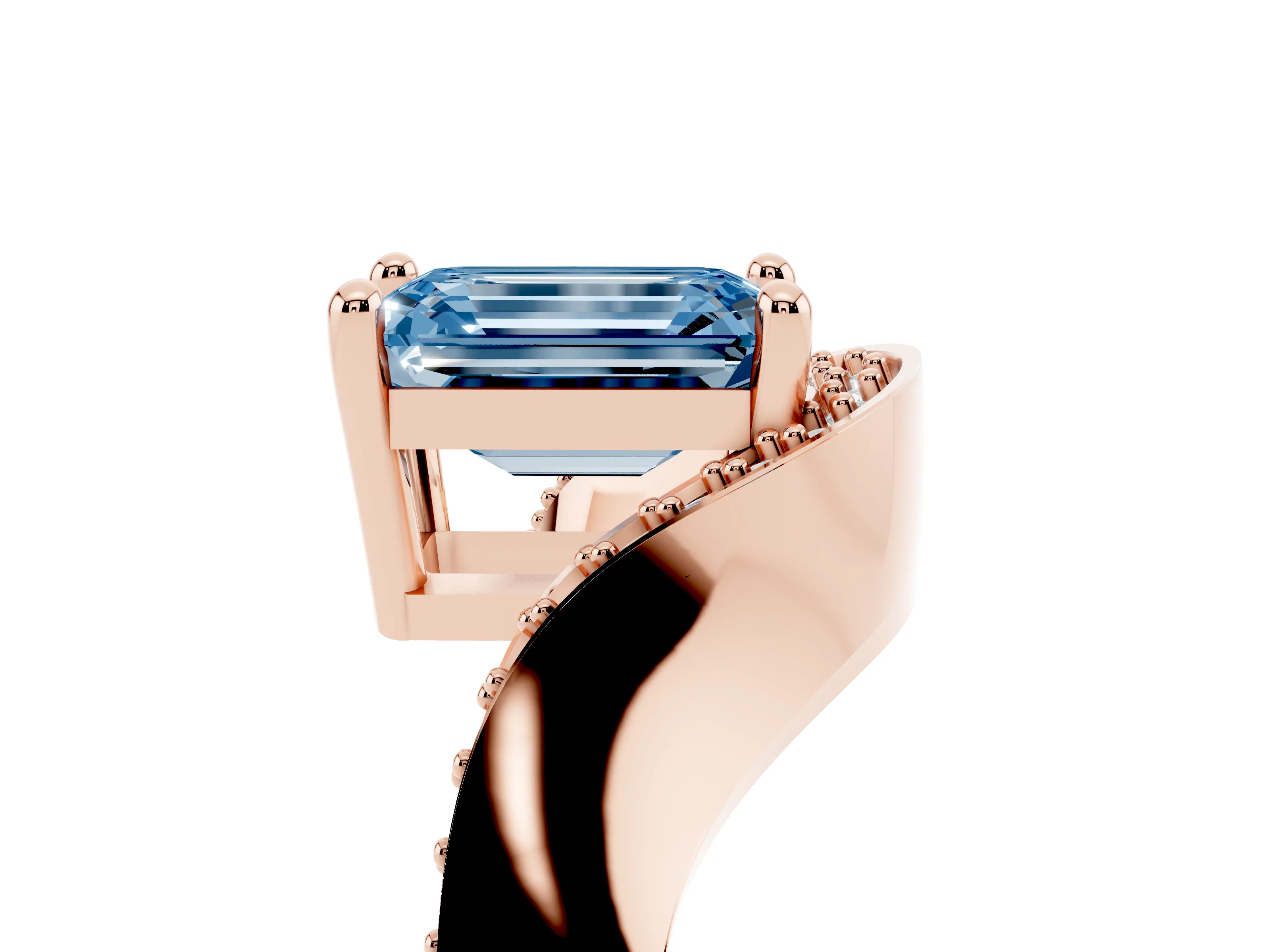 Fancy Blue Emerald Cut Diamond Solitaire Engagement Ring Set in Rose gold with Pavé Shoulders