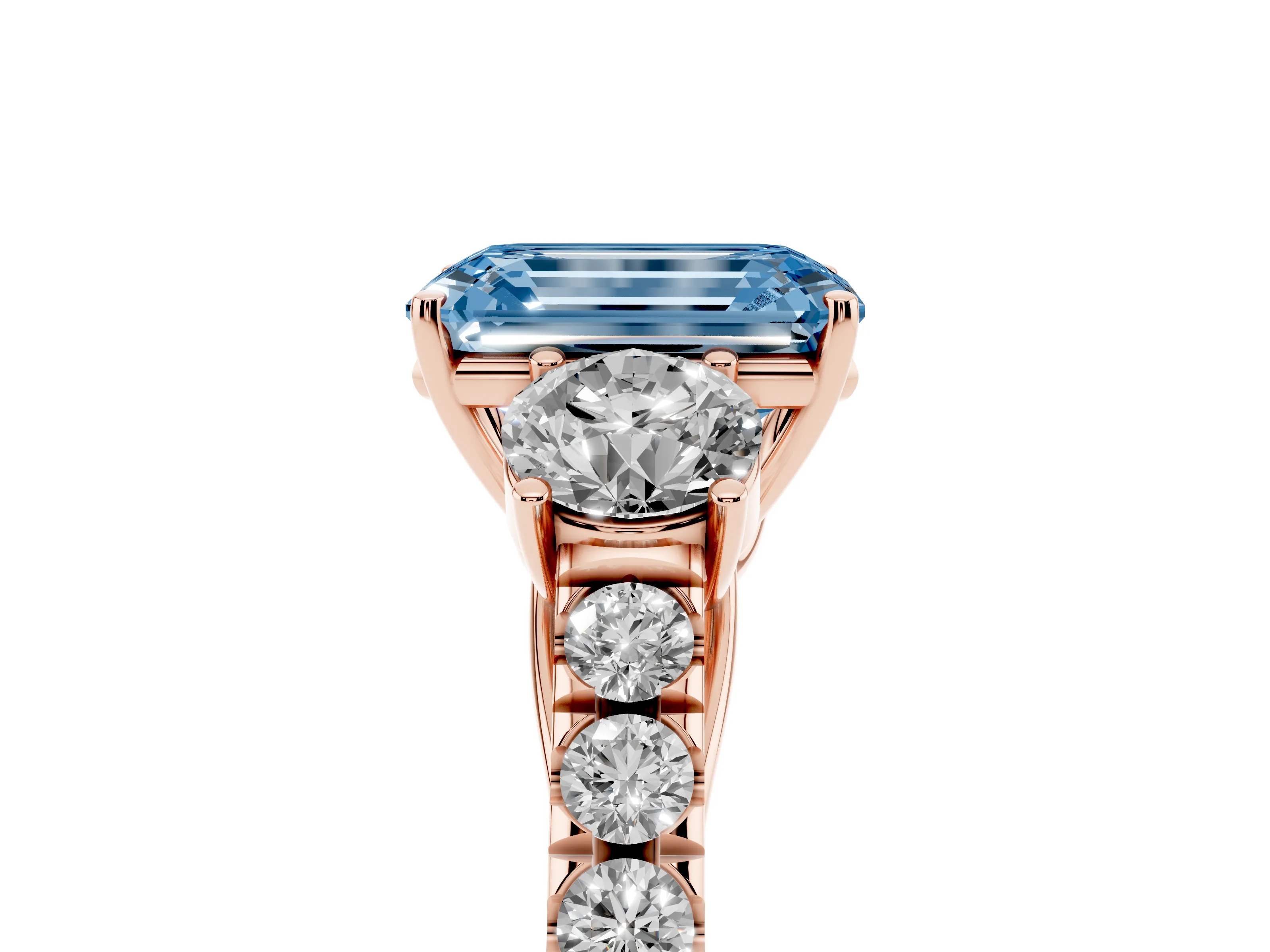 Fancy Blue Emerald Cut Diamond Three-Stone Ring Set in Rose gold with Round Side Stones and Delicate Pavé Band