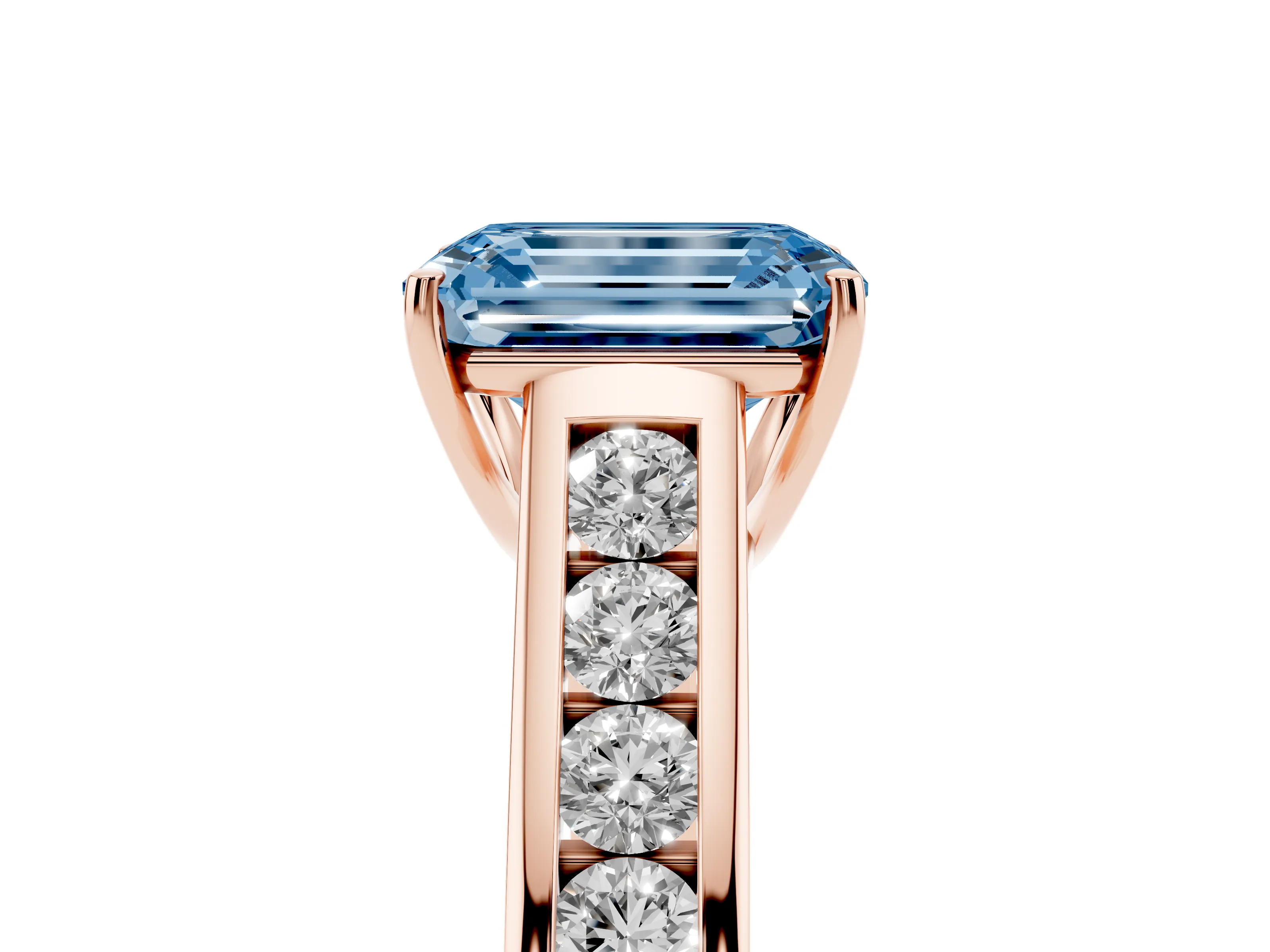 Fancy Blue Emerald Cut Diamond Solitaire Channel-Set Engagement Ring Set in Rose gold with Prong Setting