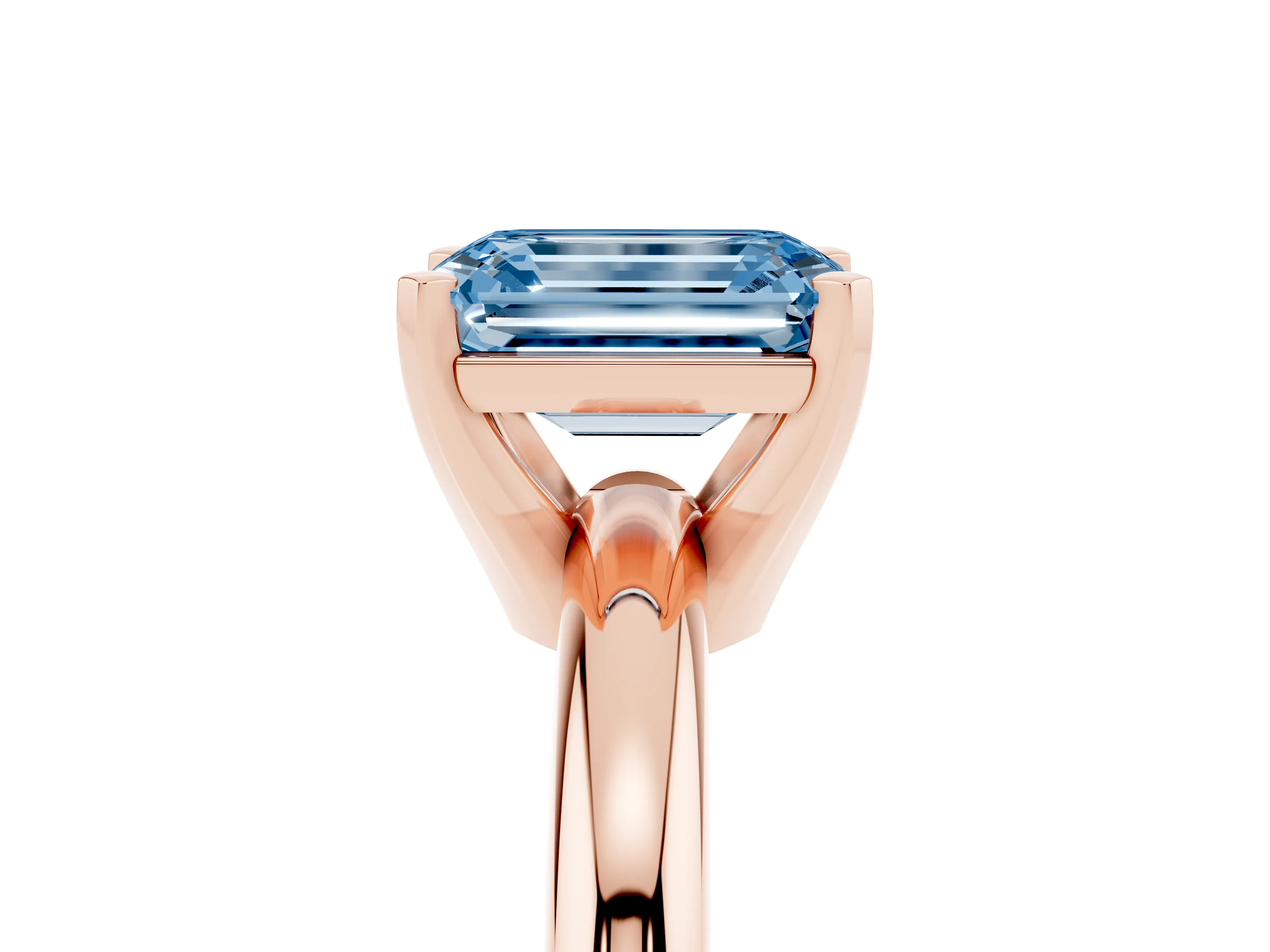 Fancy Blue Emerald Cut Diamond Solitaire Engagement Ring Set in Rose gold with Round Band and Prong Setting
