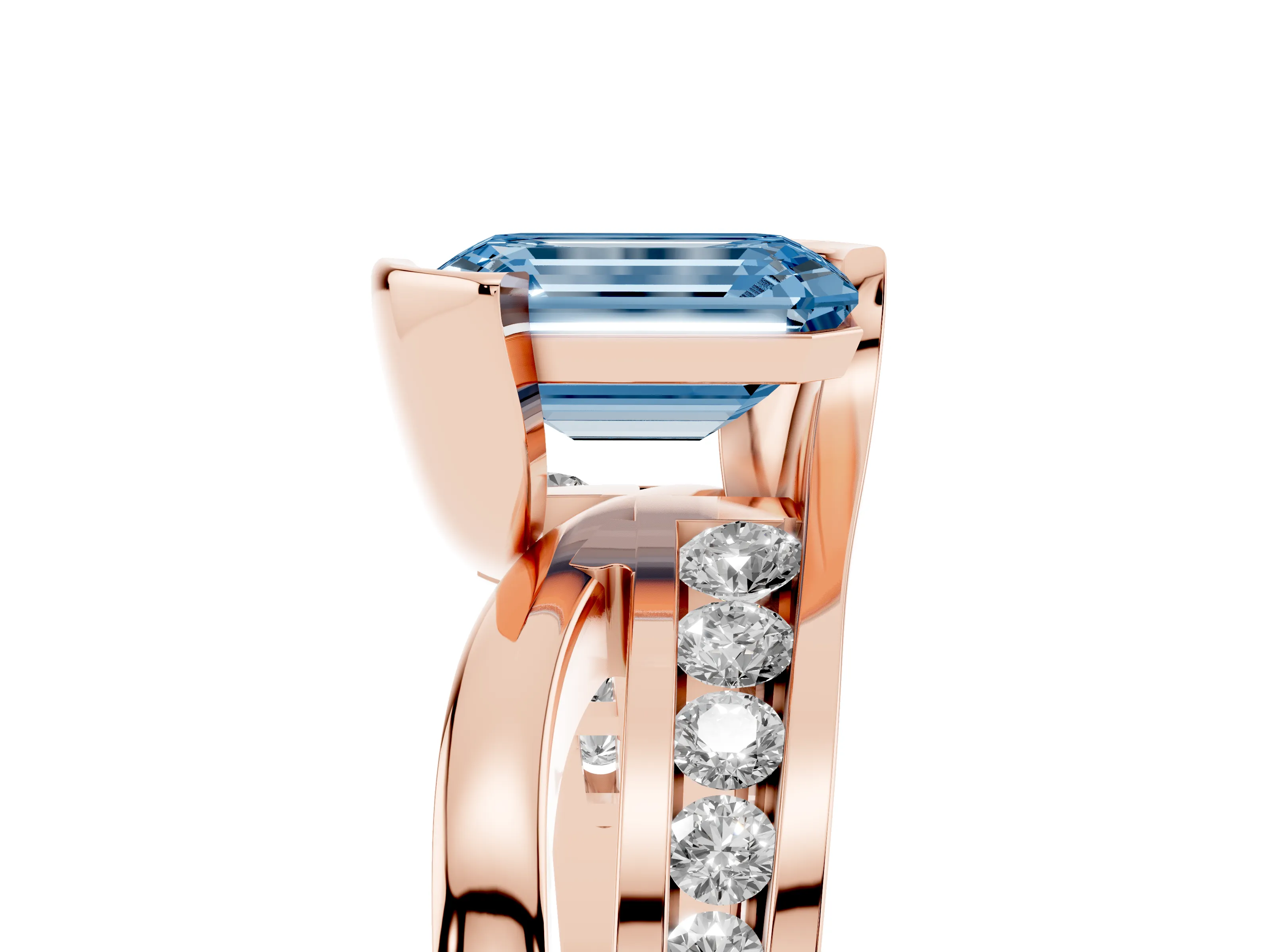 Fancy Blue Emerald Cut Diamond Solitaire Ring Set in Rose gold with Channel Set Split Shank and Tension Prongs