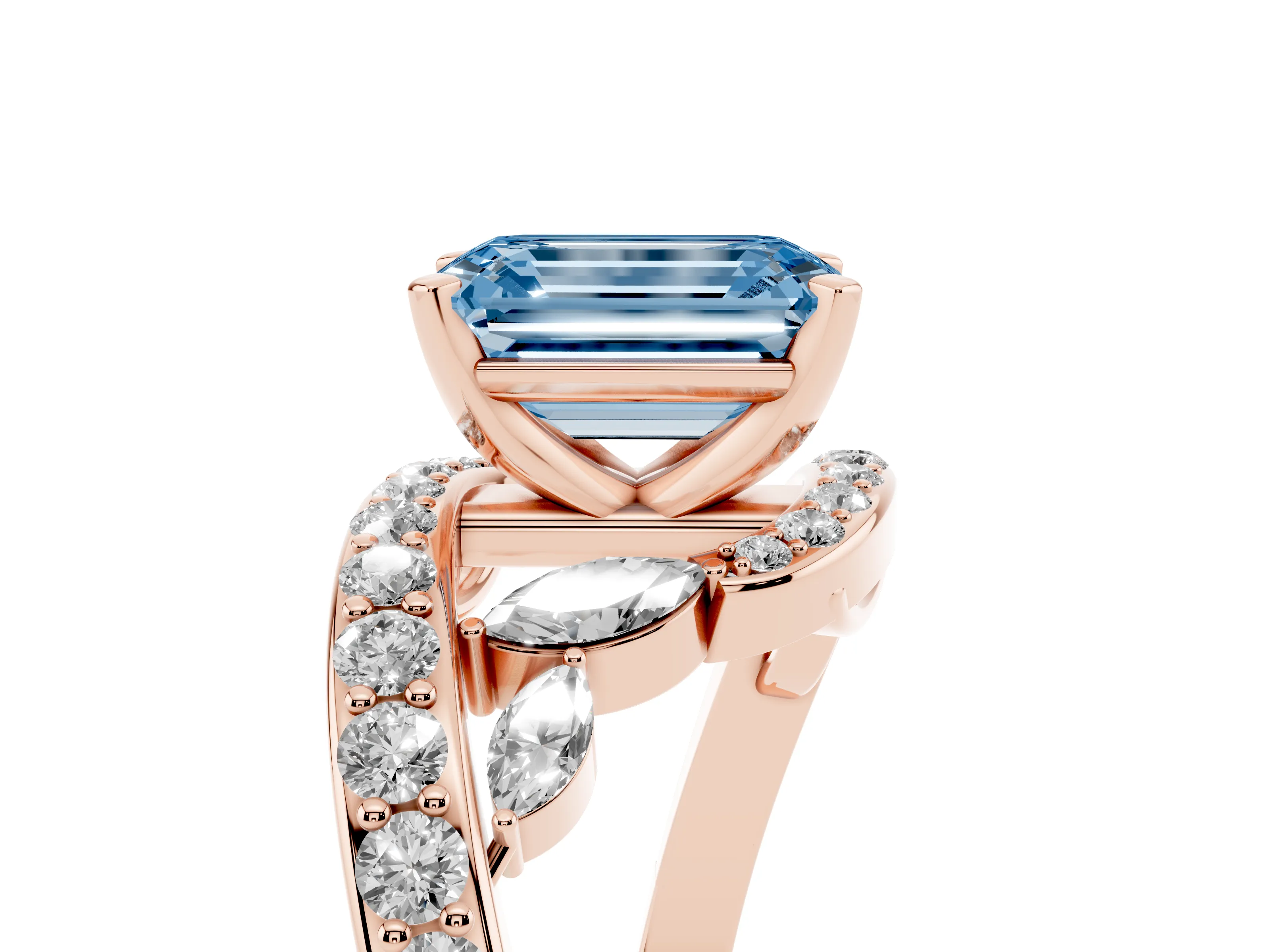 Fancy Blue Emerald Cut Diamond Solitaire Ring Set in Rose gold with Pavé Twist Band and Secure Prong Setting