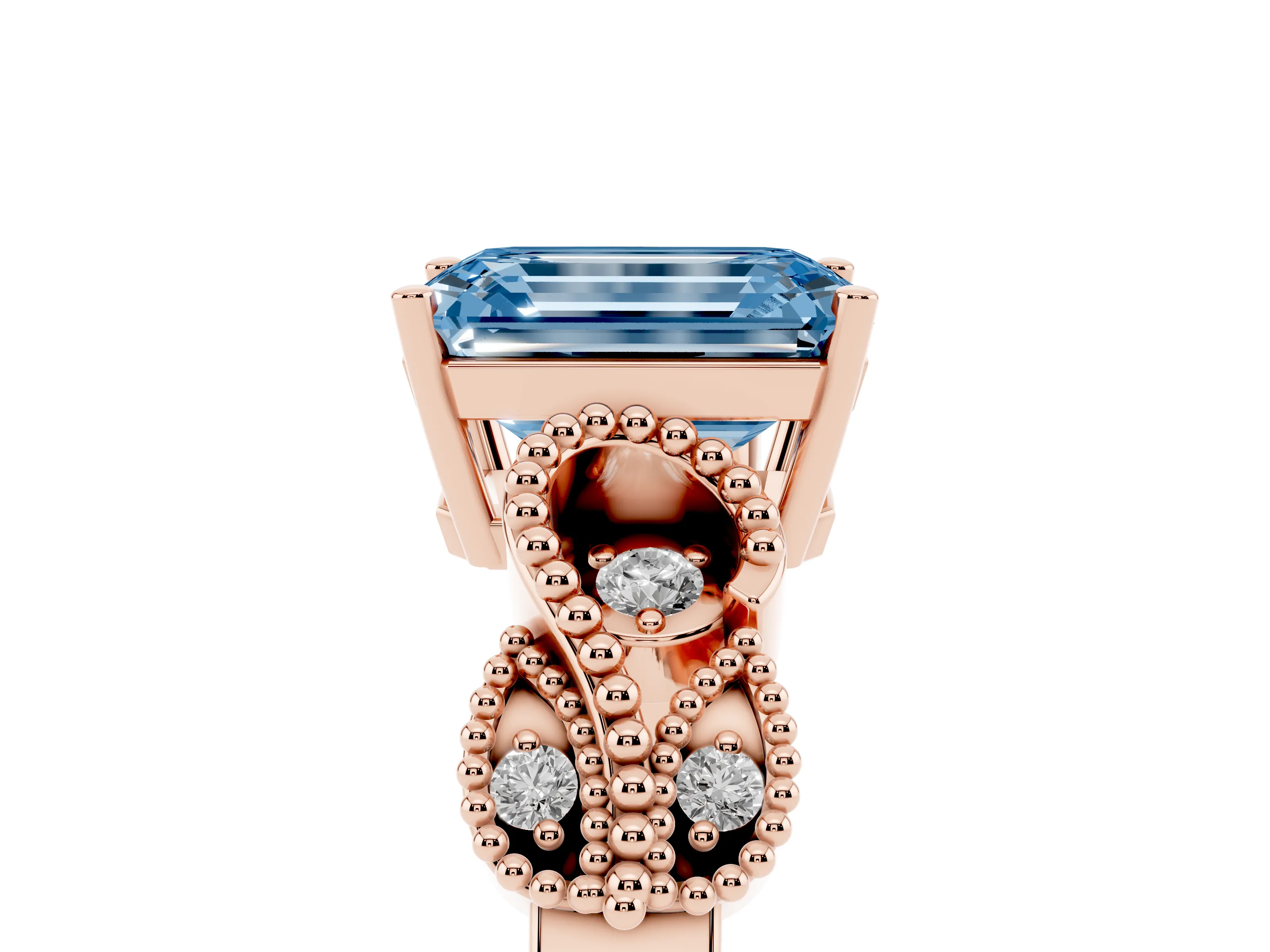Fancy Blue Emerald Cut Diamond Milgrain Leaf Band Solitaire Ring Set in Rose gold with Accent Stones and Prong Setting