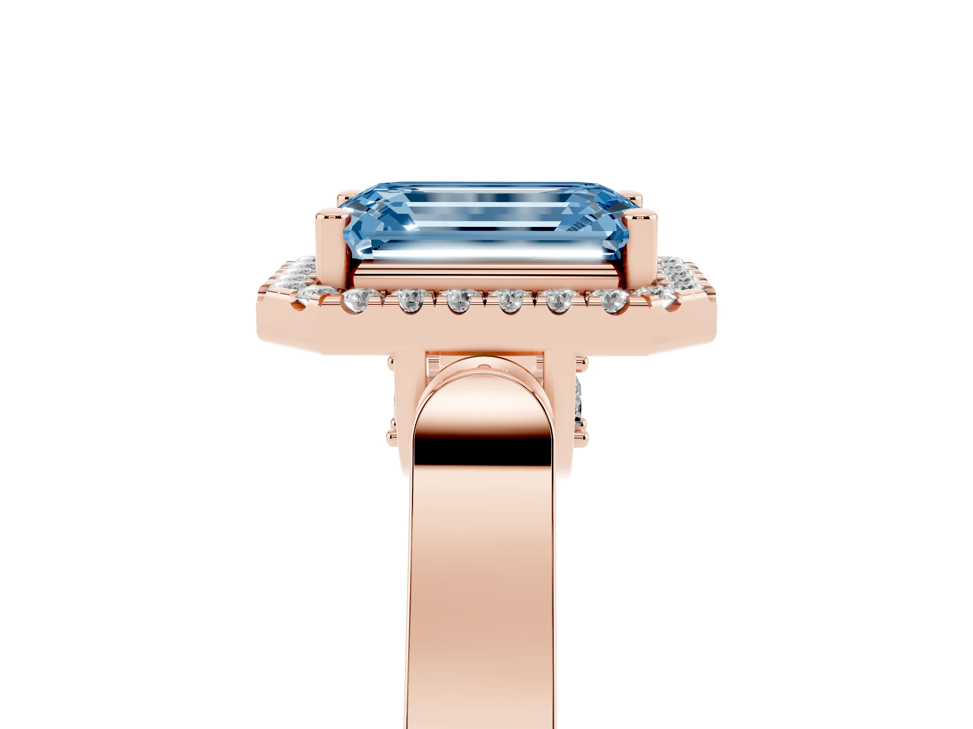 Fancy Blue Emerald Cut Diamond Halo Ring Set in Rose gold with Pavé-Lined Split Shank Band