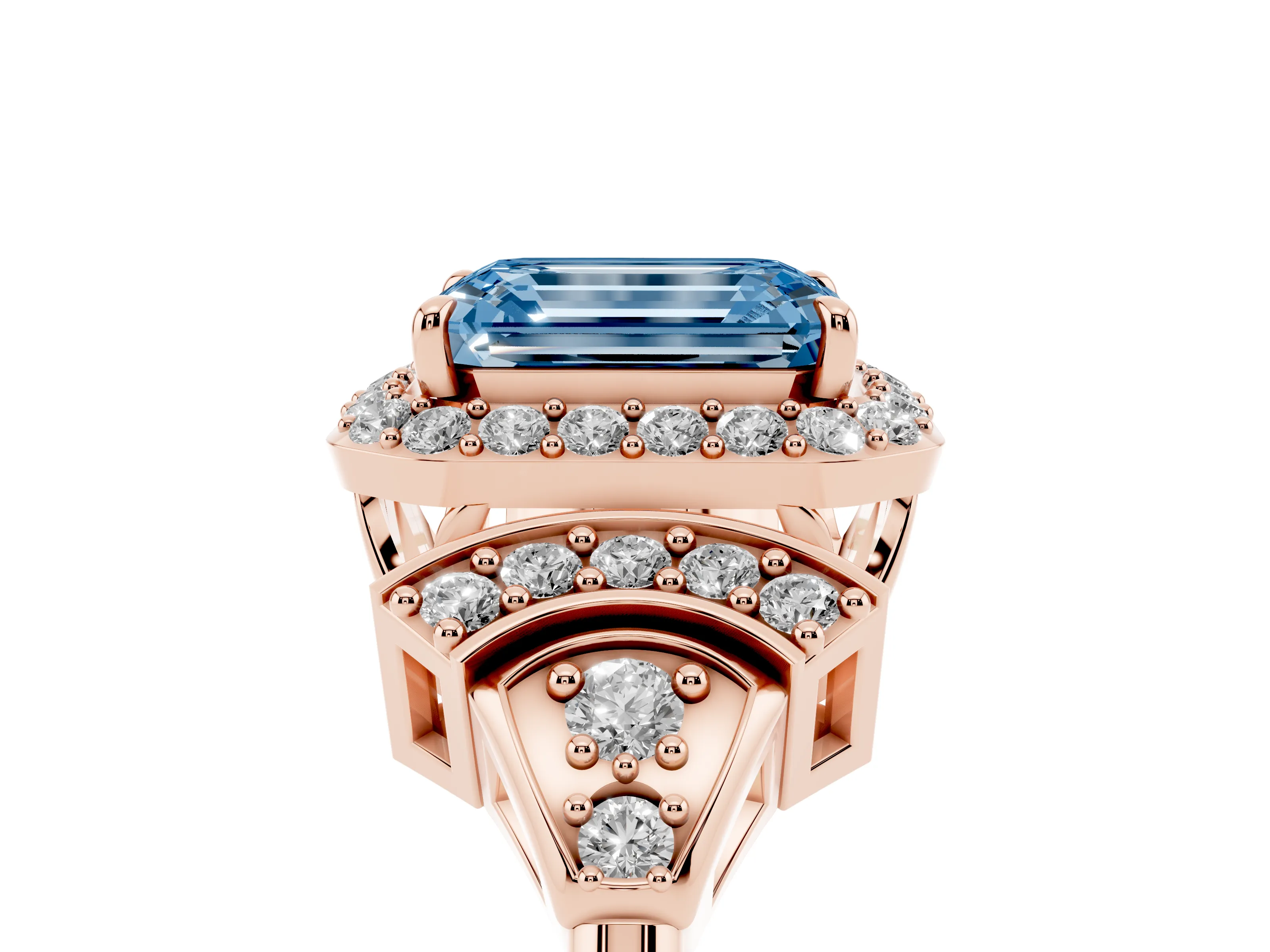 Fancy Blue Emerald Cut Diamond Halo Engagement Ring Set in Rose gold with Accent Stone Split Shank