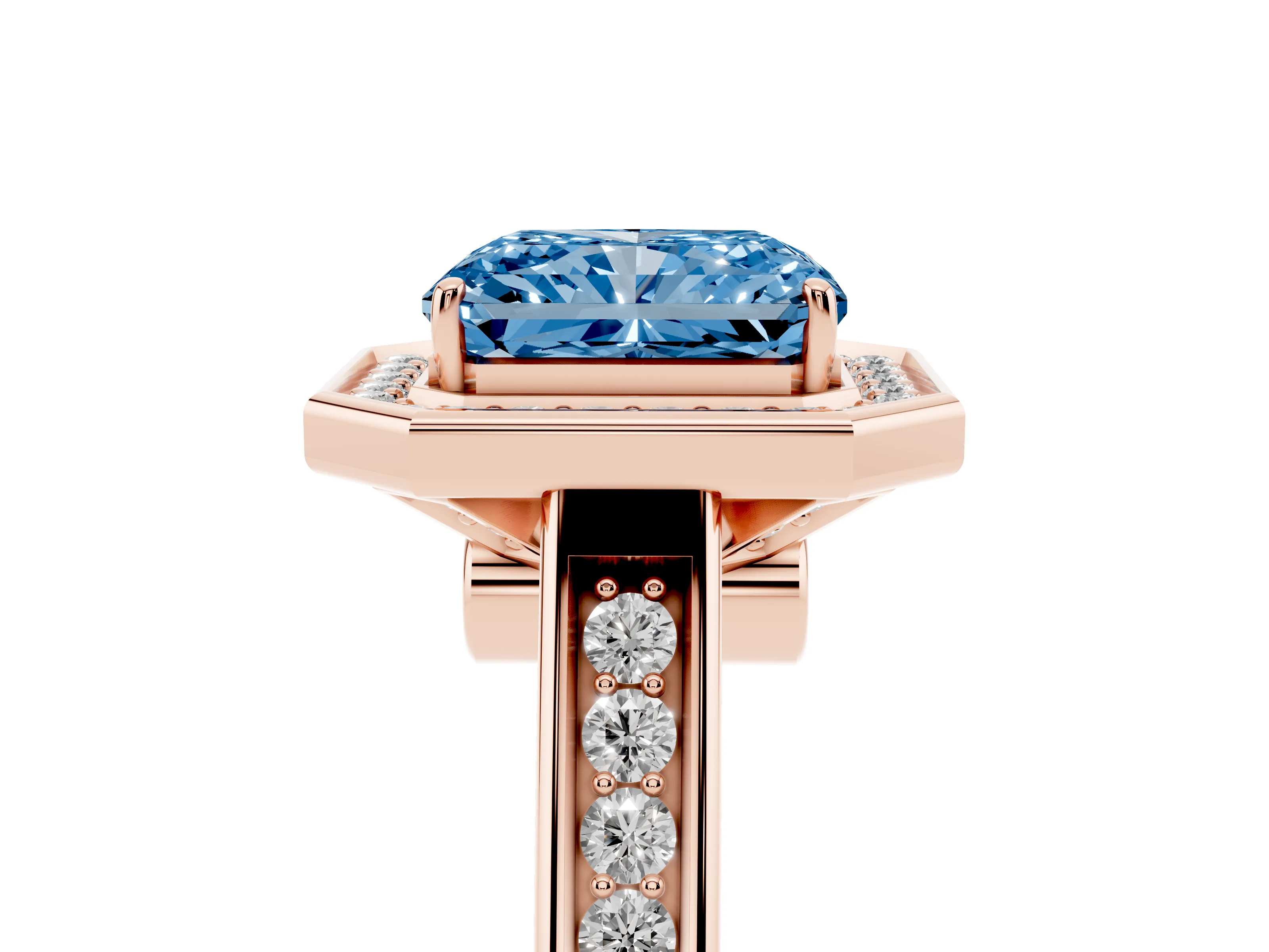 Fancy Blue Emerald Cut Diamond Halo Solitaire Ring Set in Rose gold with Pavé Band and Bezel Setting