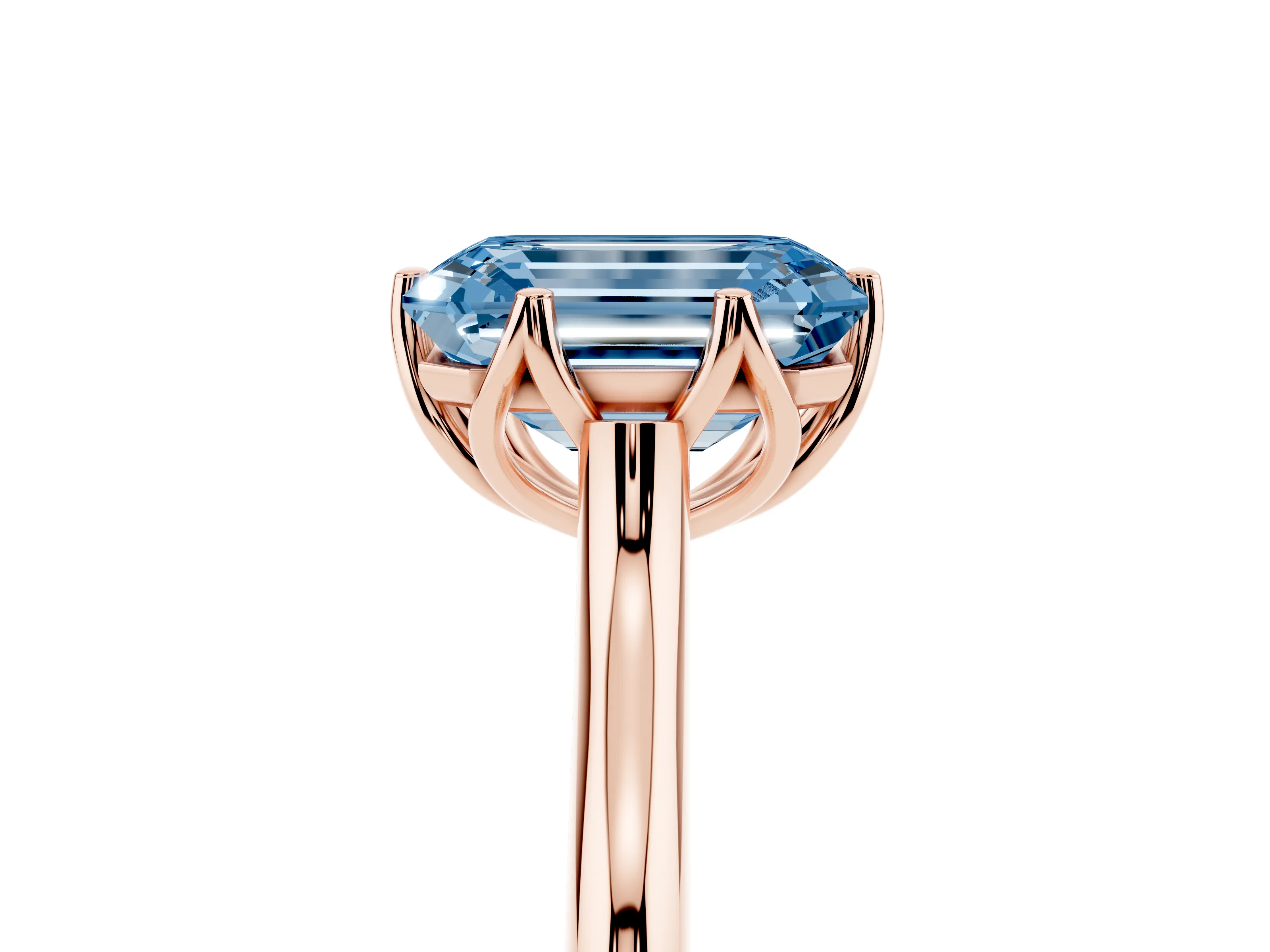 Fancy Blue Emerald Cut Diamond Solitaire Cathedral Ring Set in Rose gold with Prong Setting