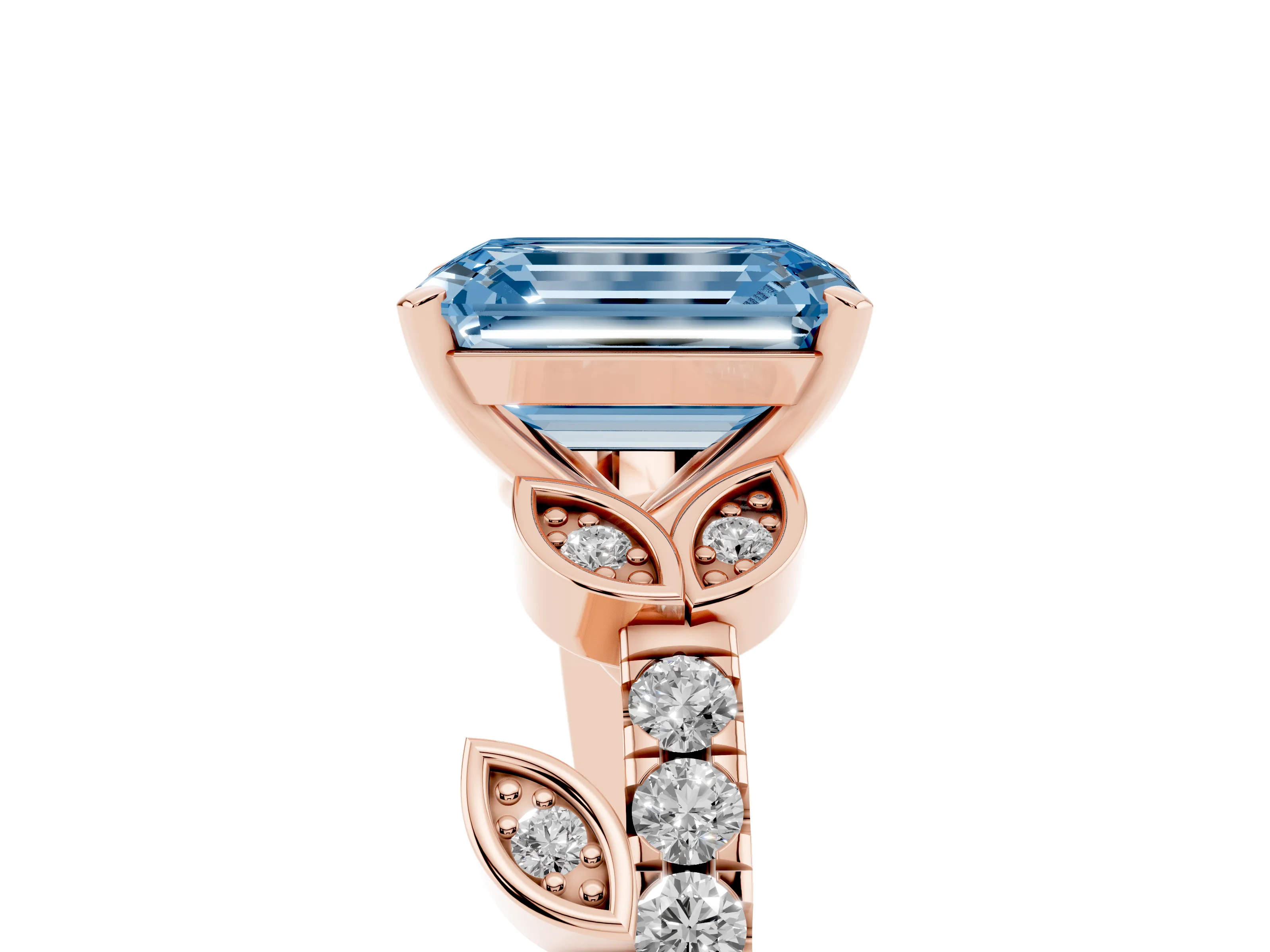 Fancy Blue Emerald Cut Diamond Solitaire Leaf-Inspired Ring Set in Rose gold with Pavé Band and Prong Setting