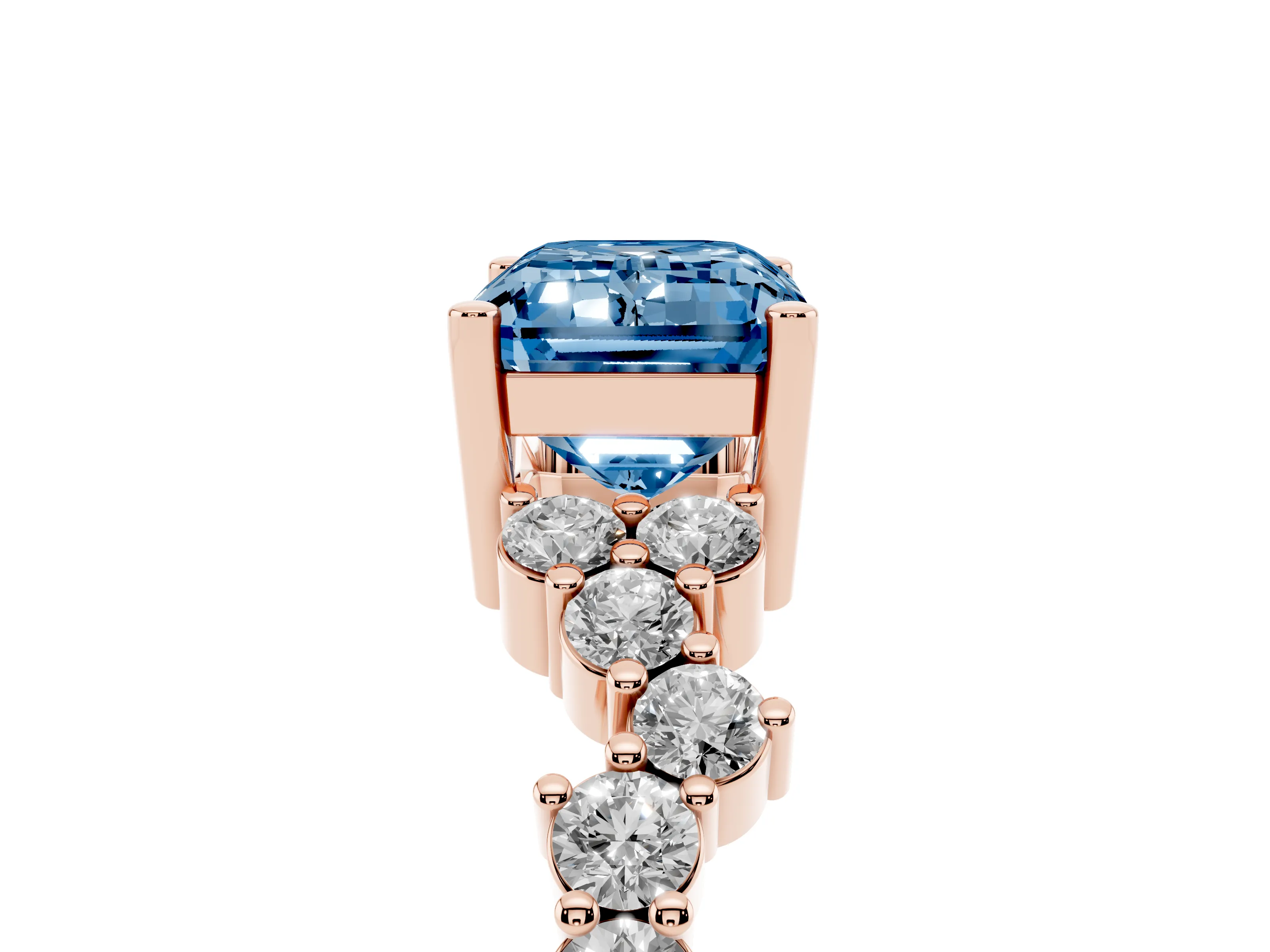 Fancy Blue Emerald Cut Diamond Ring Set in Rose gold with Scattered Round Accents